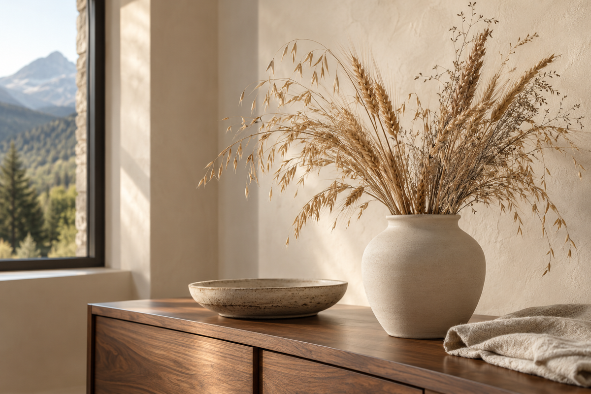 Airy blond wheat and dried oats arranged in an ivory ceramic vase on a walnut console.