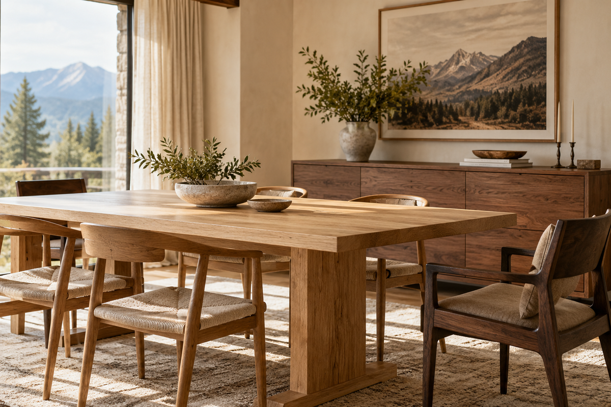 Light oak dining table paired with a walnut sideboard and dark wood chair in a warm neutral room.