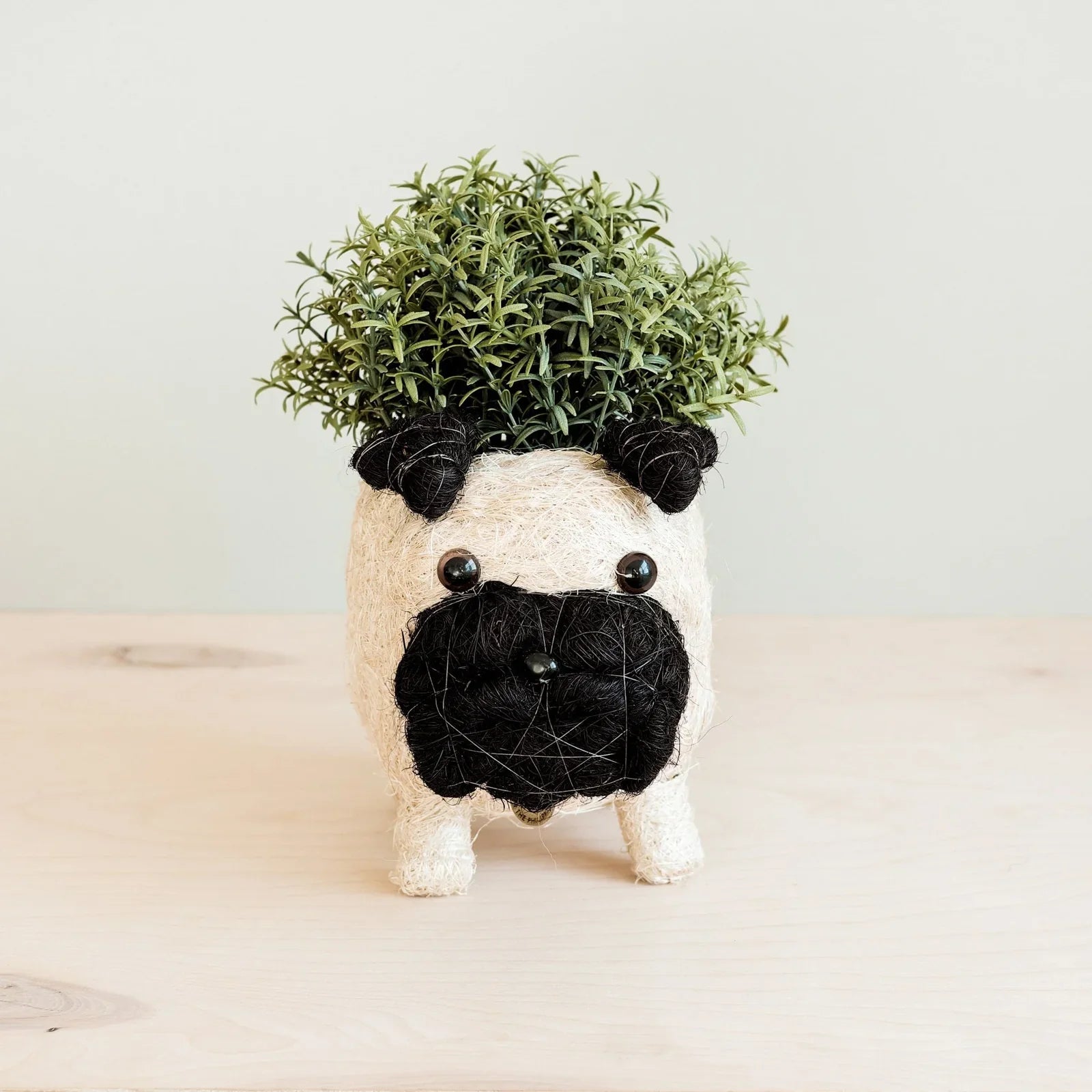 A pug crochet planter on a table with neutral, soft colors.