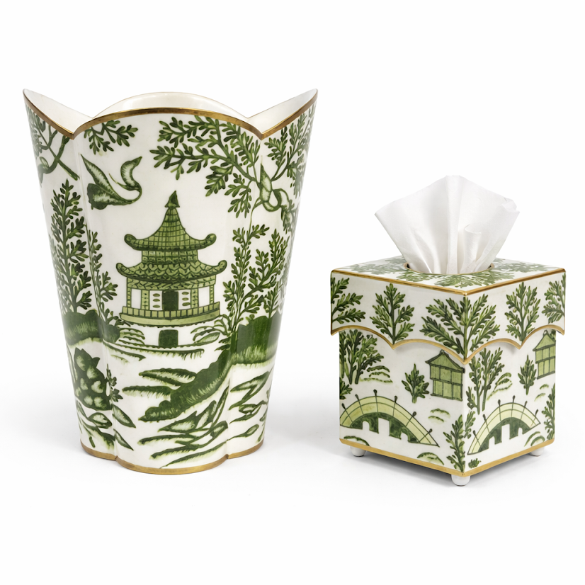Green Pagoda Wastepaper Basket & Tissue Set