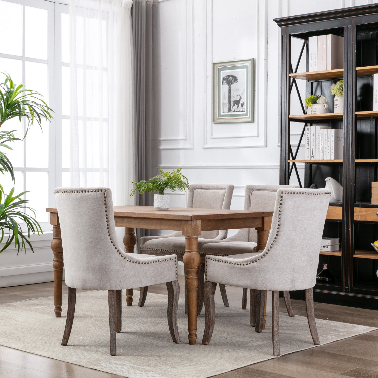 Ultra Side Dining Chair Thickened fabric chairs with neutrally toned solid wood legs Bronze nail head Set of 2 Beige
