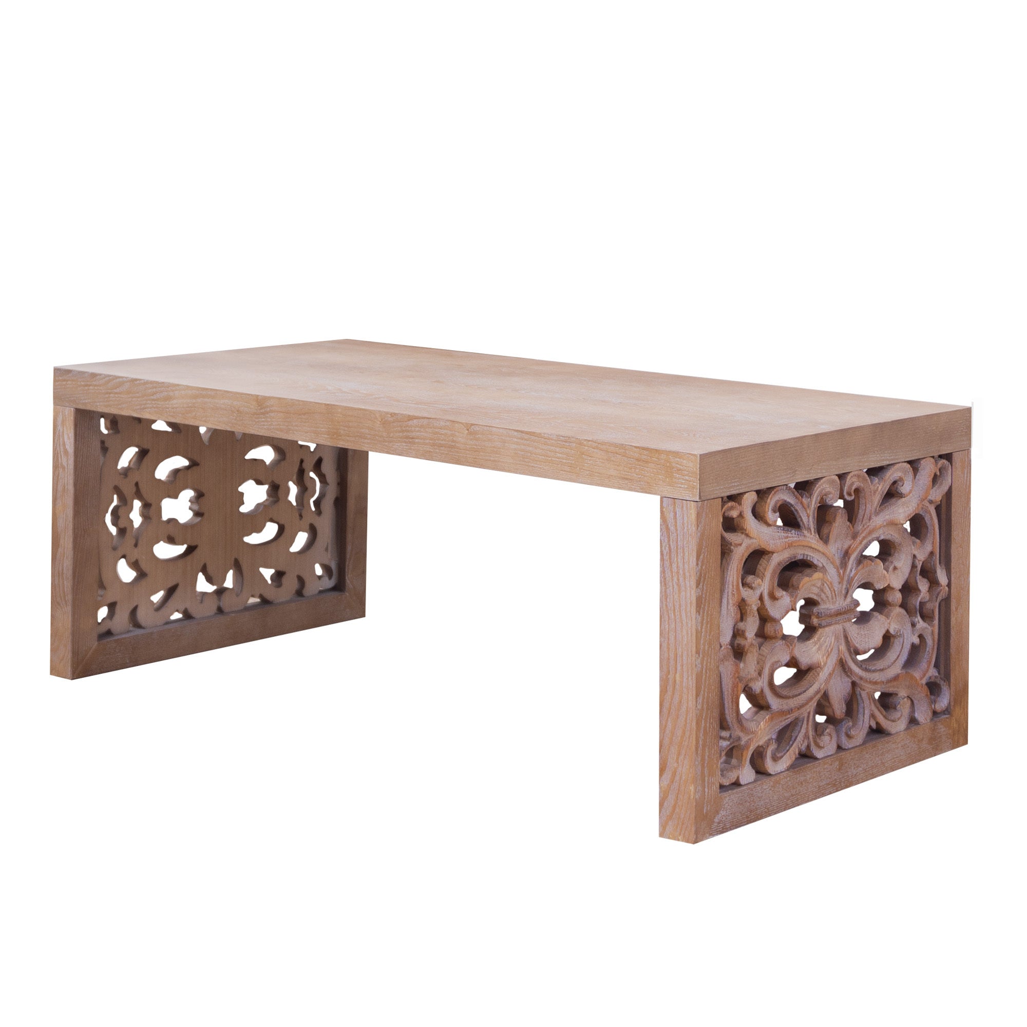 47.2 Rustic Carved Wood Coffee Table – Handcrafted Look with Ornate Side Panels