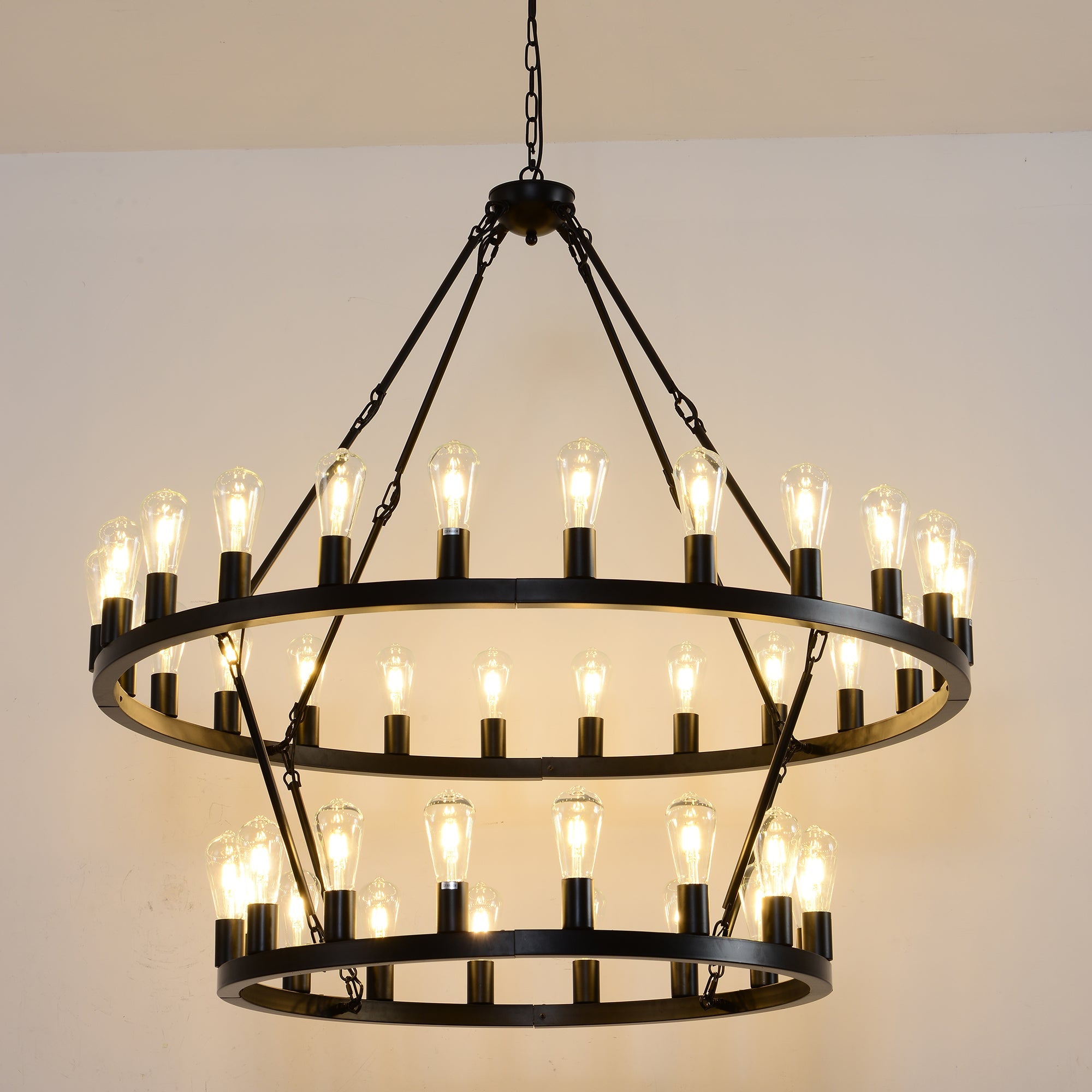 36-Lights 2-Level Matte Black Wagon Wheel Chandelier (24+12)
