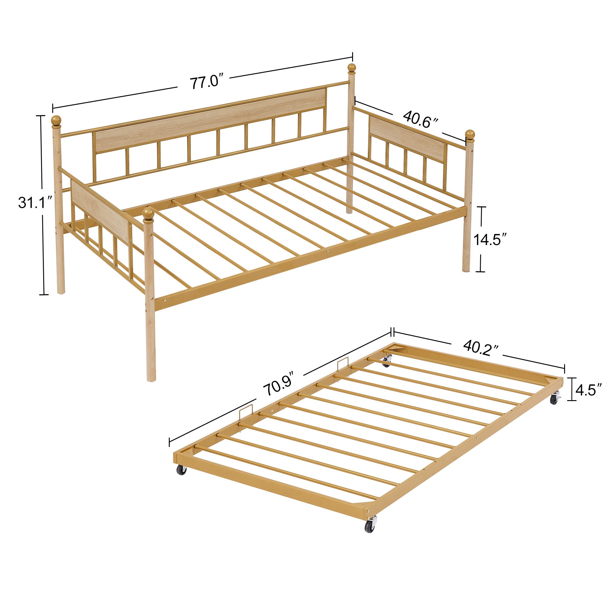 Daybed sofa bed metal framed with trundle twin size golden 77'' L x 40.6'' W x 14.5''H