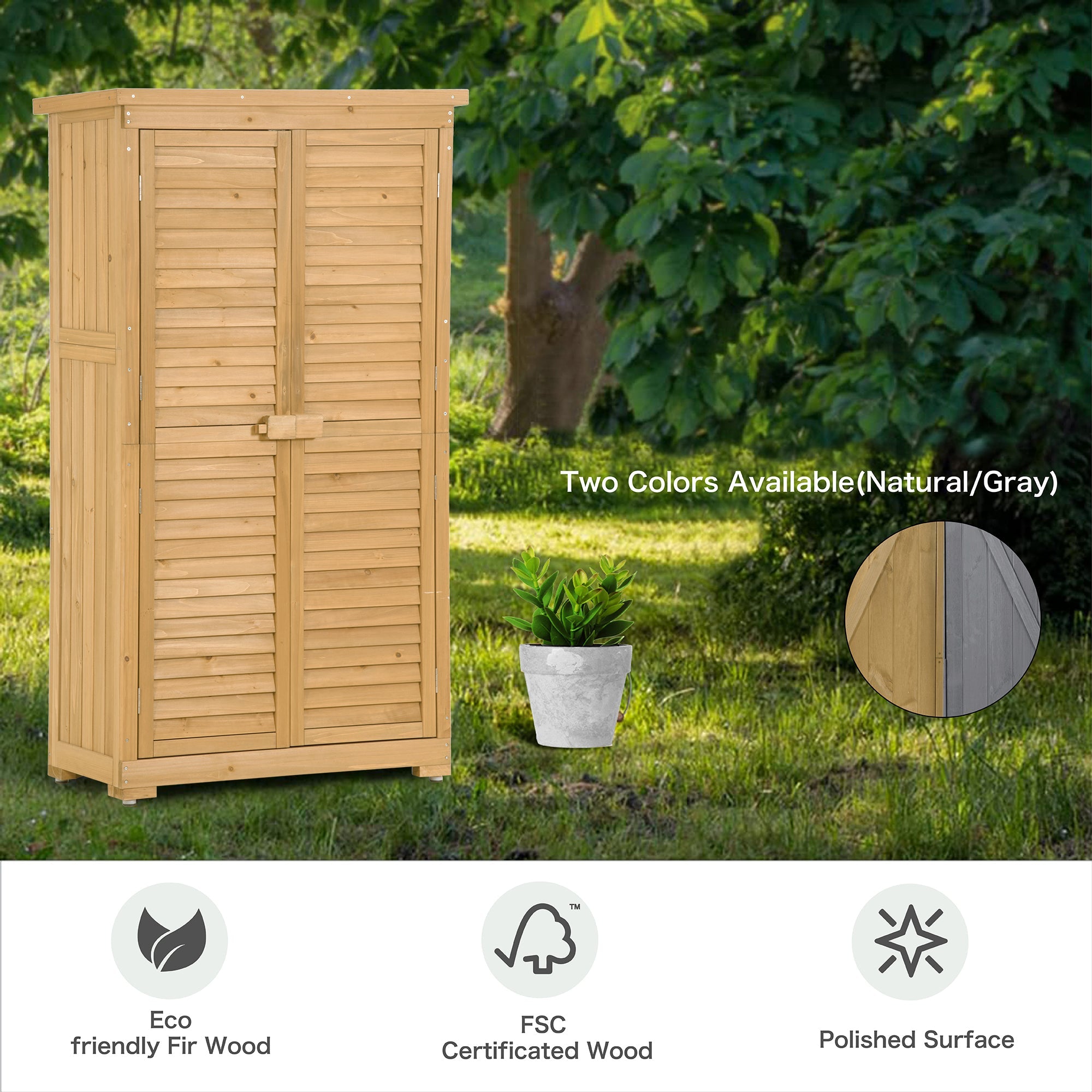 Wooden Garden Shed 3-tier Patio Storage Cabinet Outdoor Organizer Wooden Lockers with Wood (Natural Wood Color -Shutter Design)