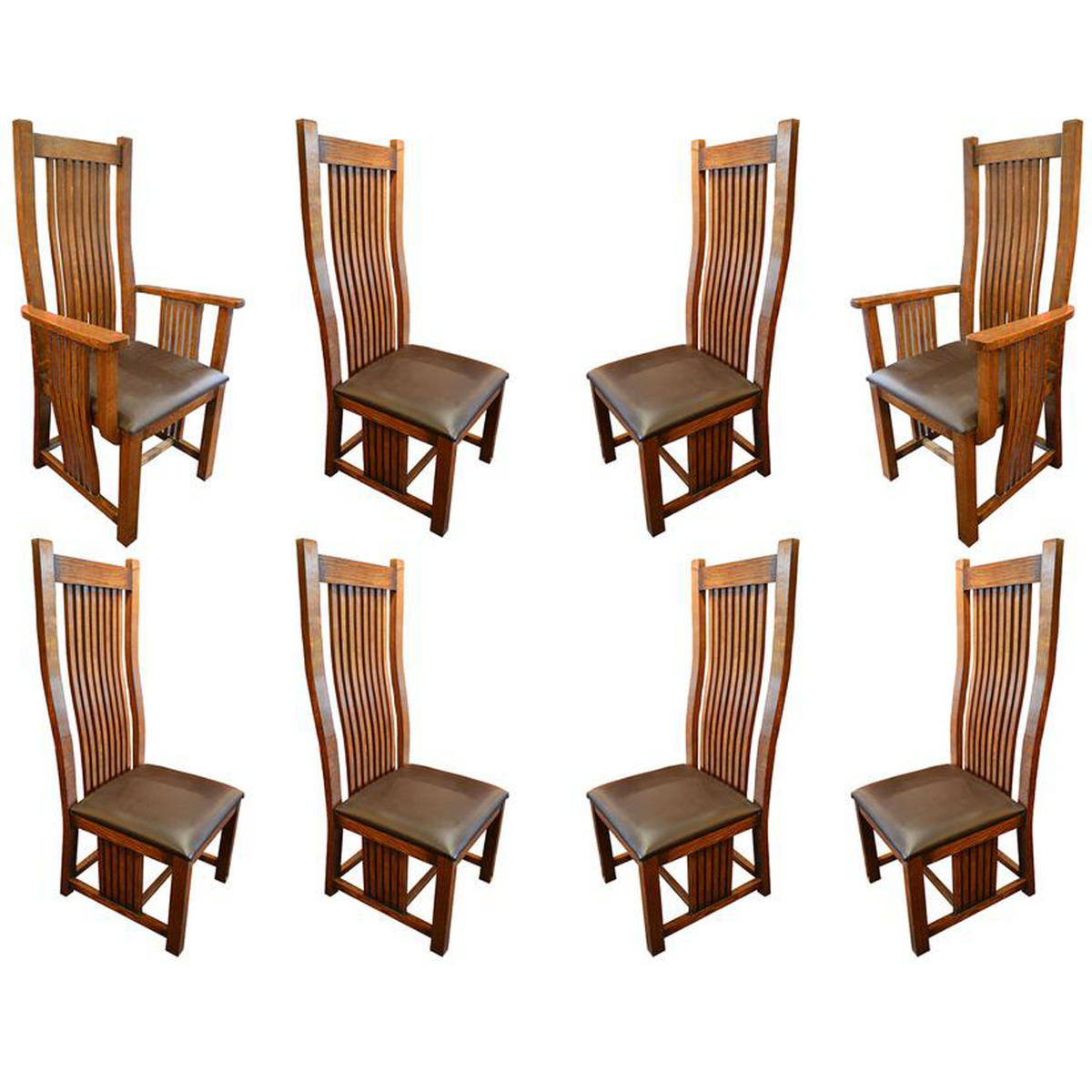 Set of 8 - Mission / Arts and Crafts Oak Curved High Back Dining Chairs