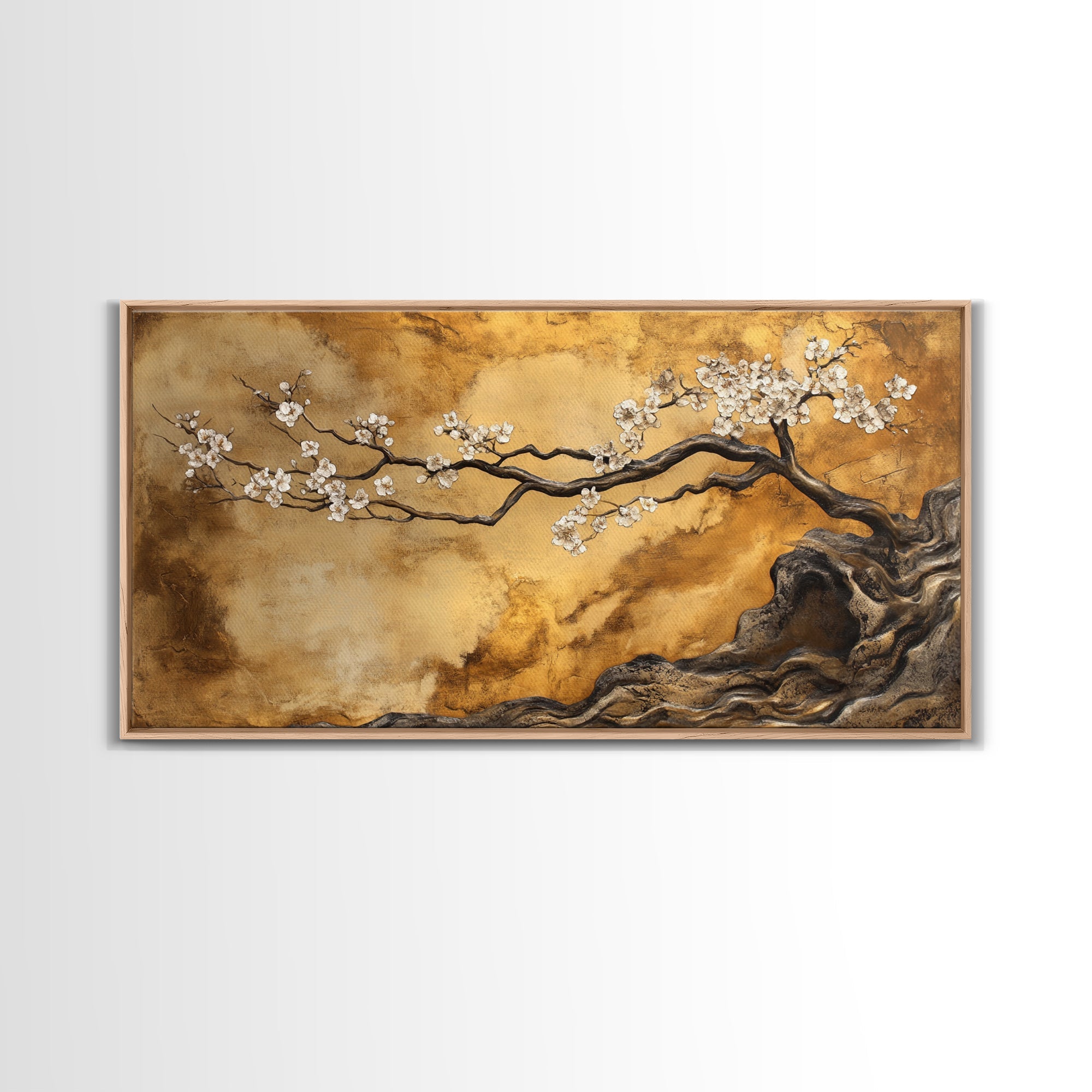 Framed Canvas Print of Golden Cherry Blossom Art in Chinoiserie Style with Metallic Details, Elegant Botanical Wall Art Gift