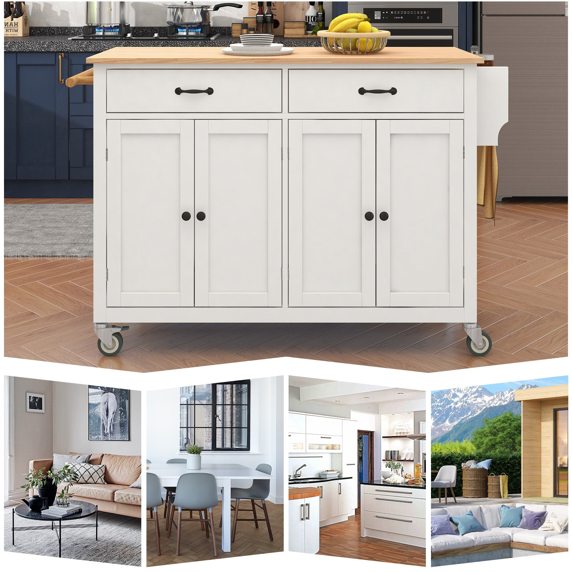 Kitchen Island Cart with Solid Wood Top and Locking Wheels 54.3 Inch Width (White)