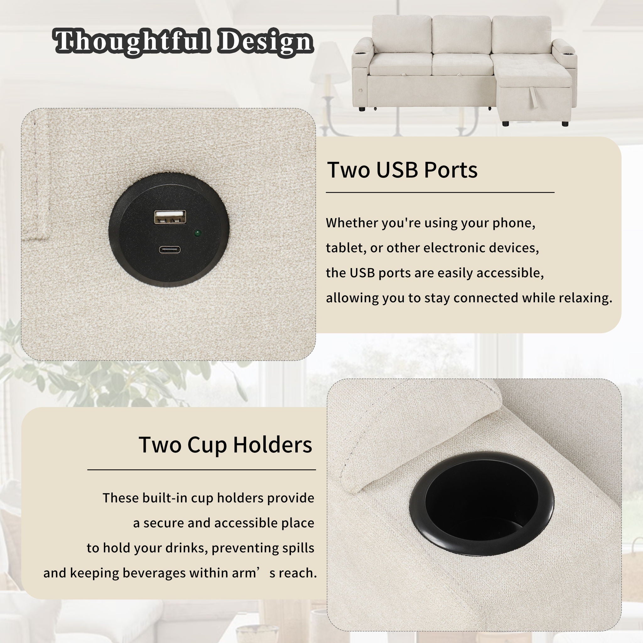 Convertible L Shaped Sofa Couch With Storage, Cup Holders, USB Ports