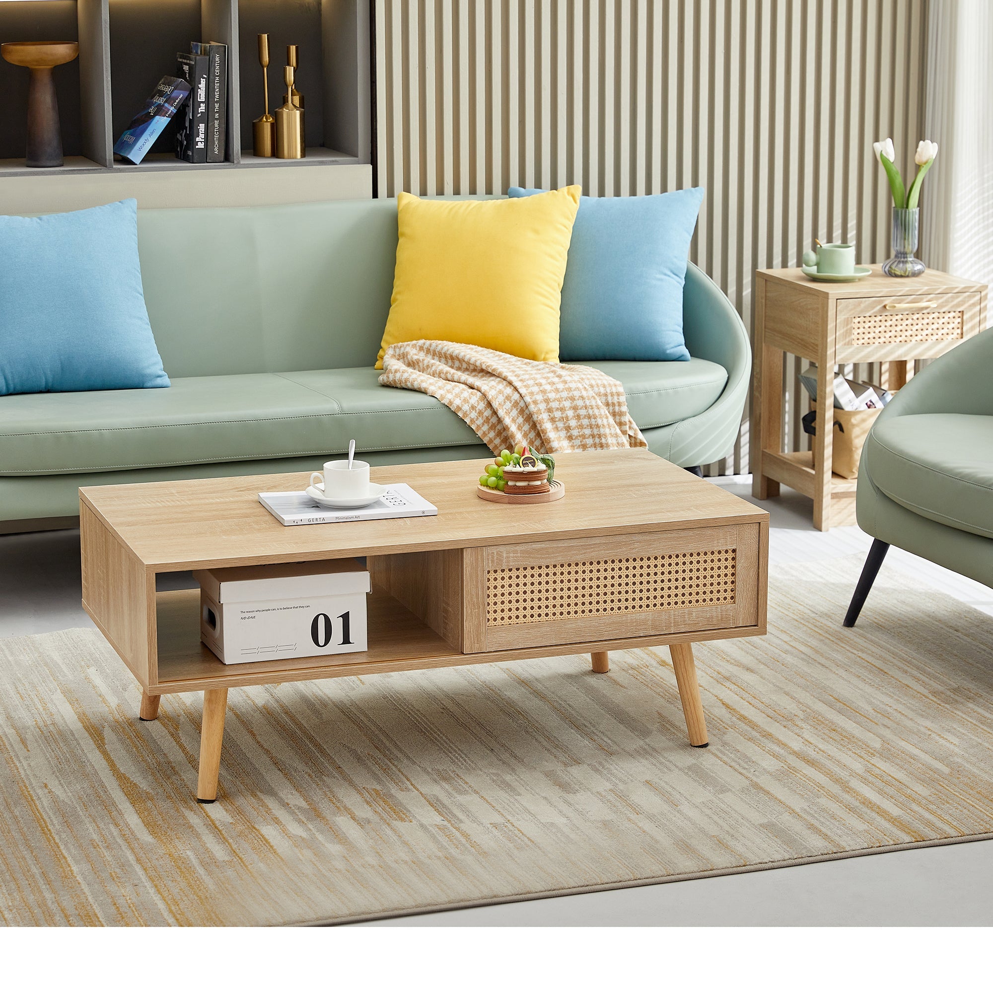 41.34" Rattan Coffee table sliding door for storage solid wood legs Modern table for living room natural