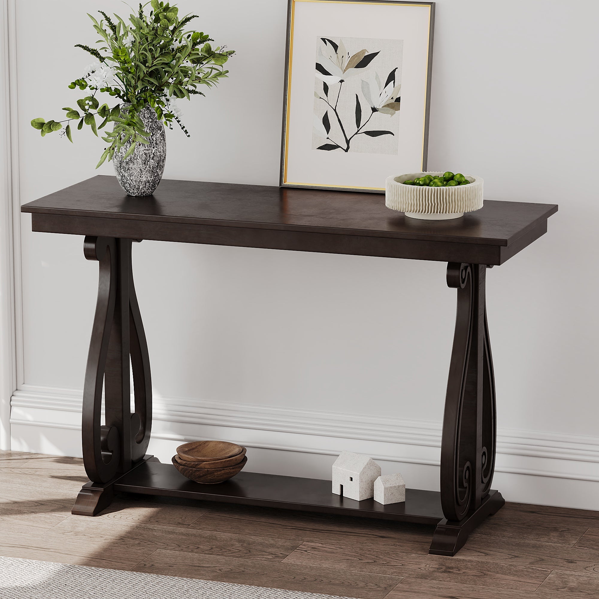 48-Inch Rustic Vintage Console Table --- Farmhouse Style Entryway Table with Open Shelf and Sturdy Construction (Espresso)