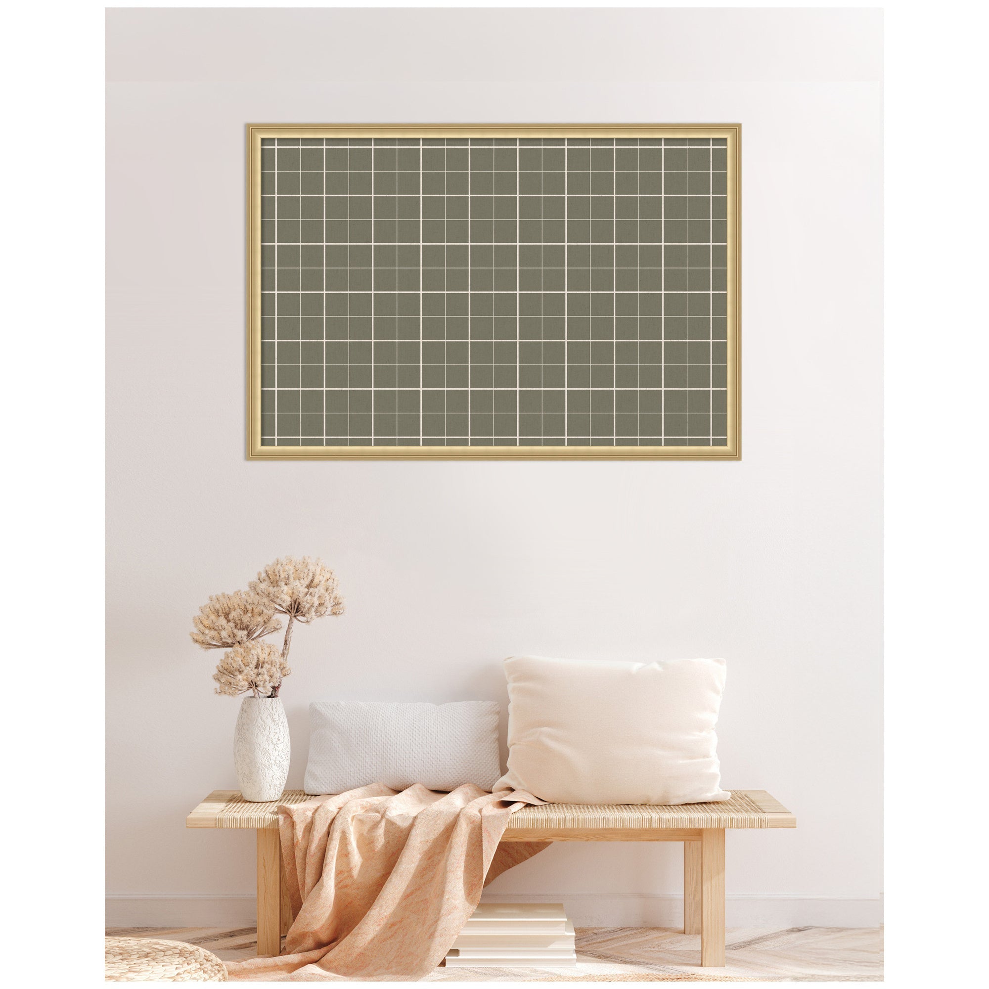 Framed Fabric Pinboard Sage Green Plaid Wall Organization