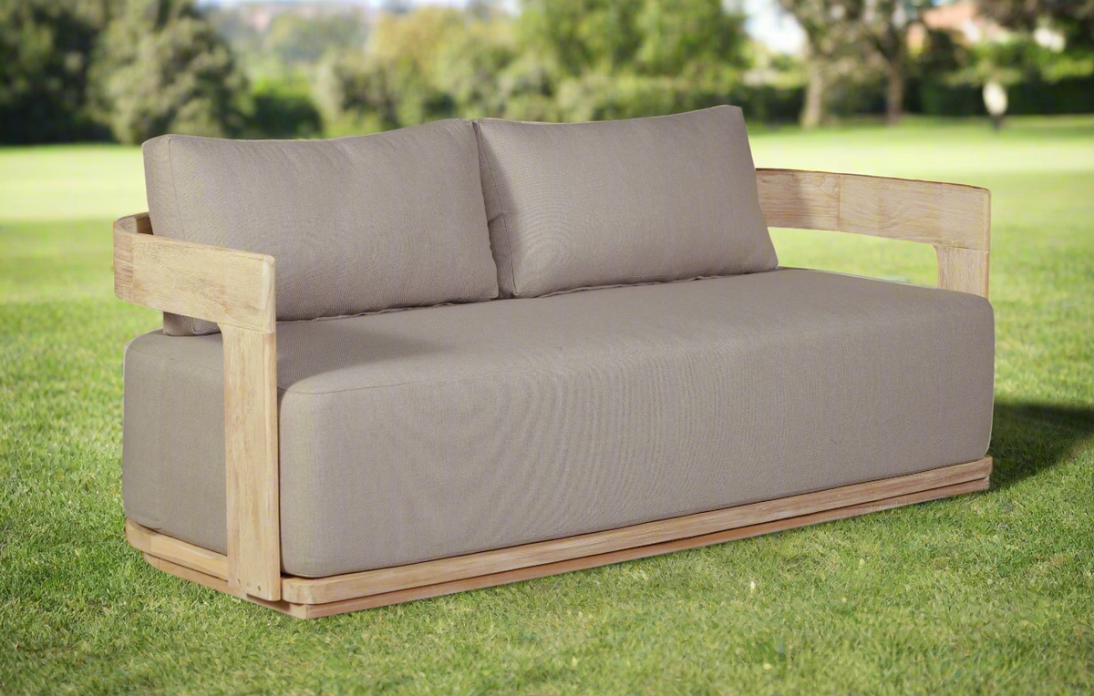 Eclipse Outdoor Solid Teak Wood Love seat Natural - Gray Fabric