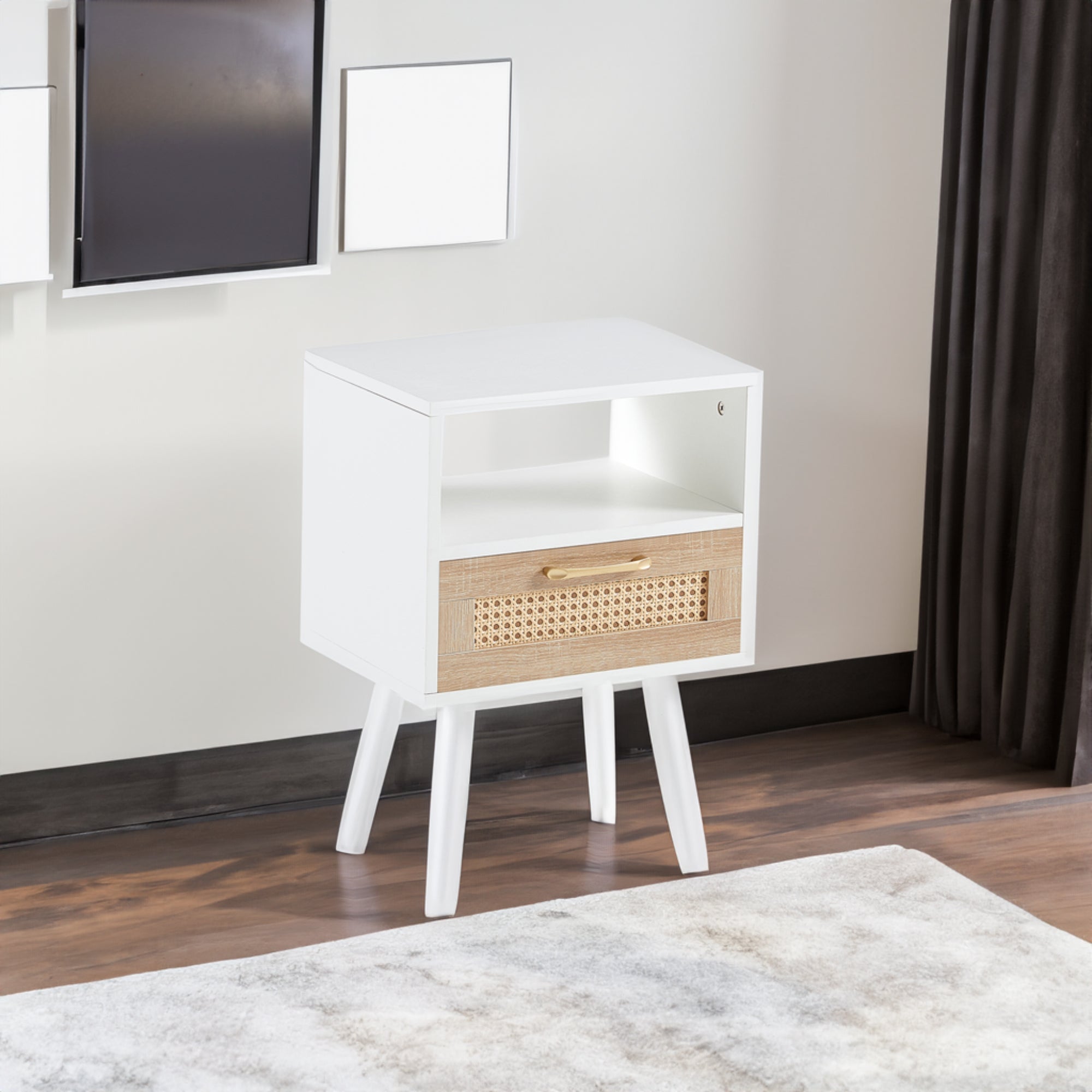 15.75" Rattan End table with drawer and solid wood legs Modern nightstand side table for living room white