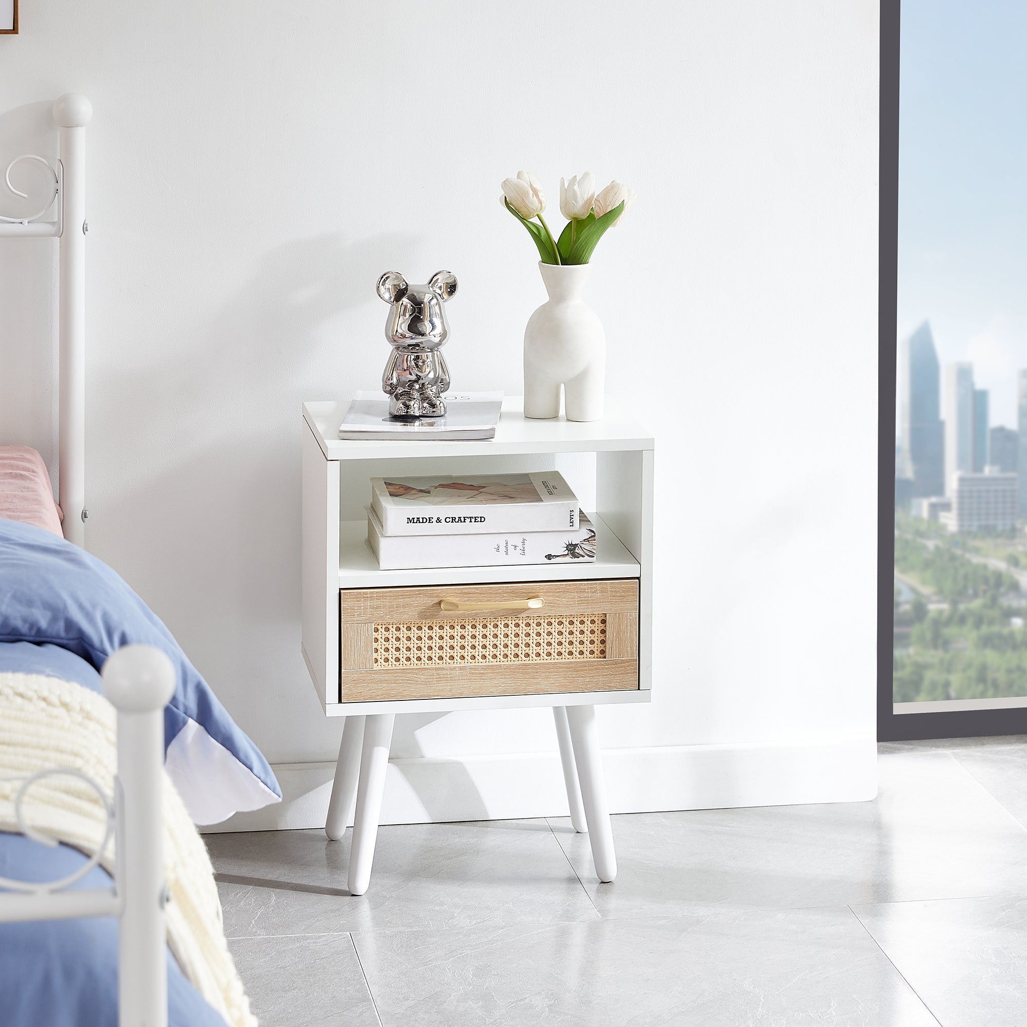 15.75" Rattan End table with drawer and solid wood legs Modern nightstand side table for living room white