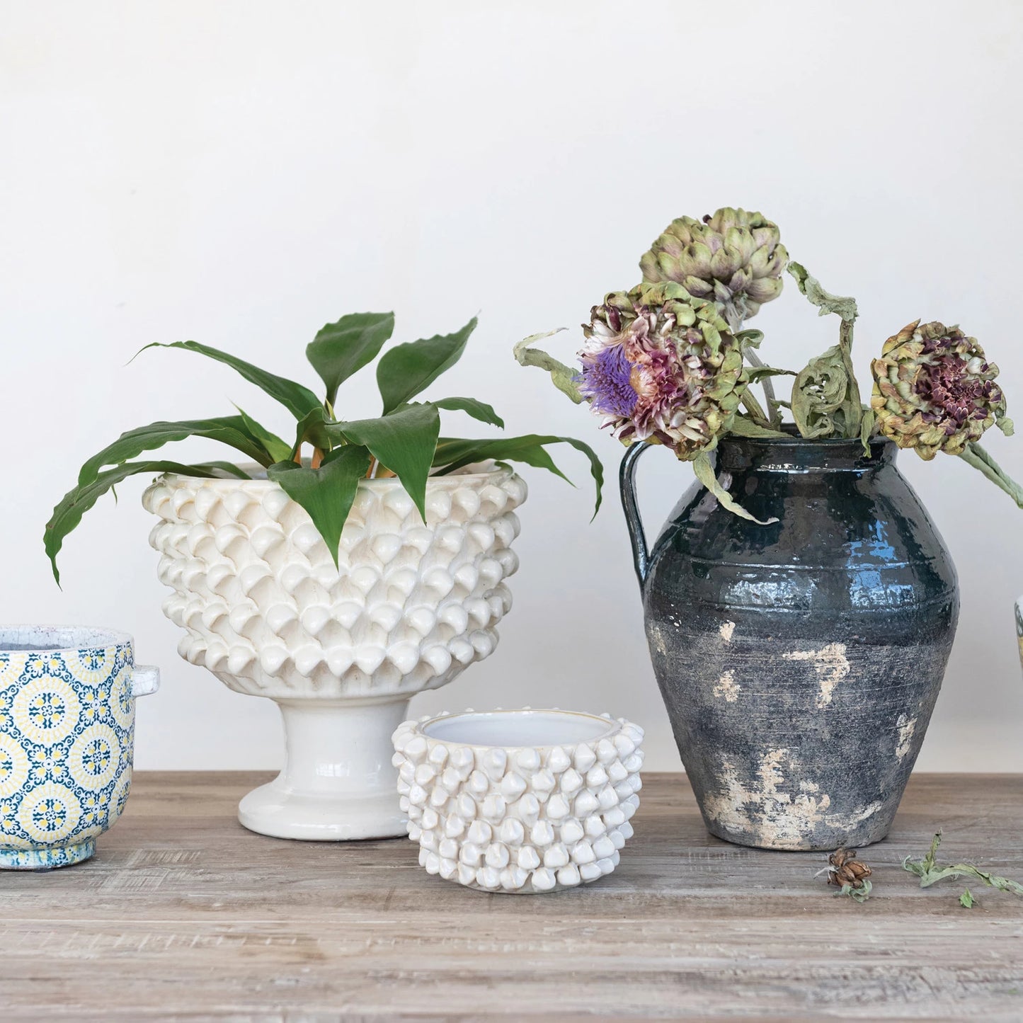 Stoneware 3D Formed Planter, Cream Color