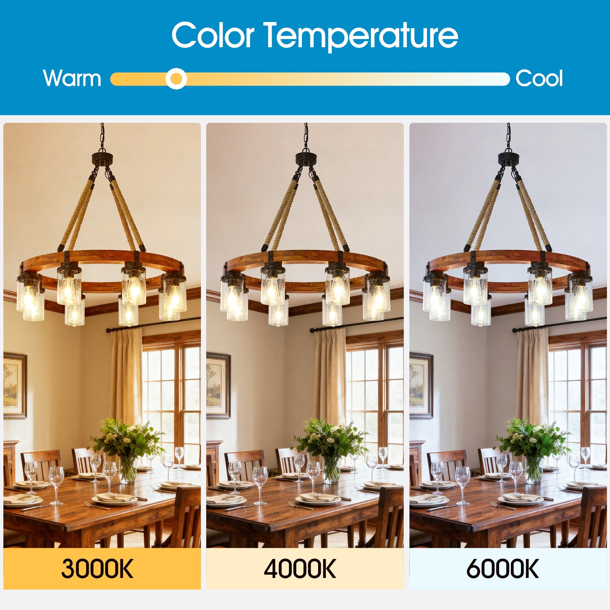 8 Light Rustic Wagon Wheel Chandelier, 31" Wooden Pendant Light with Seeded Glass Shade