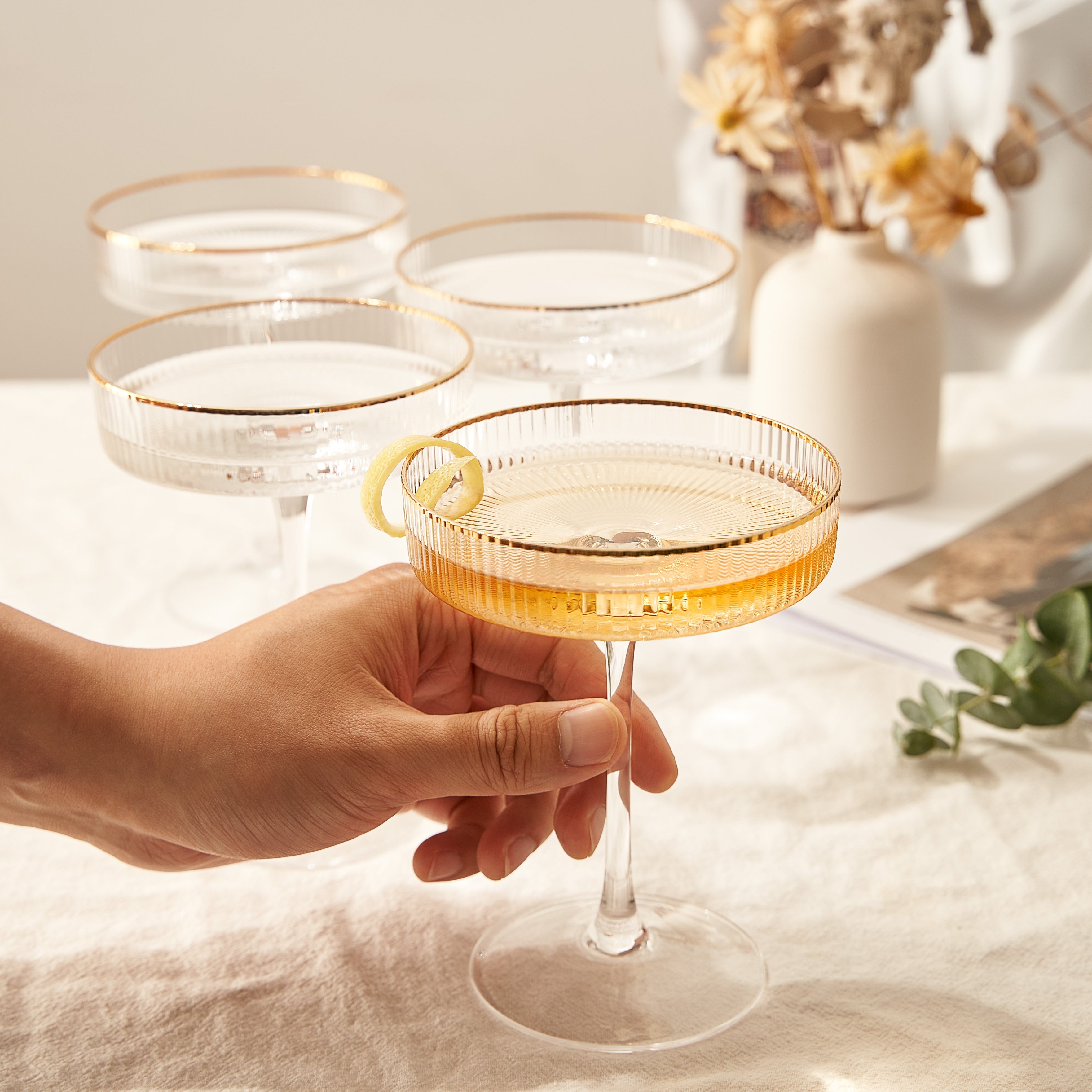 Ribbed Coupe Cocktail Glasses With Gold Rim 8 Oz Set Of 4 Classic Manhattan Glasses For Cocktails Li