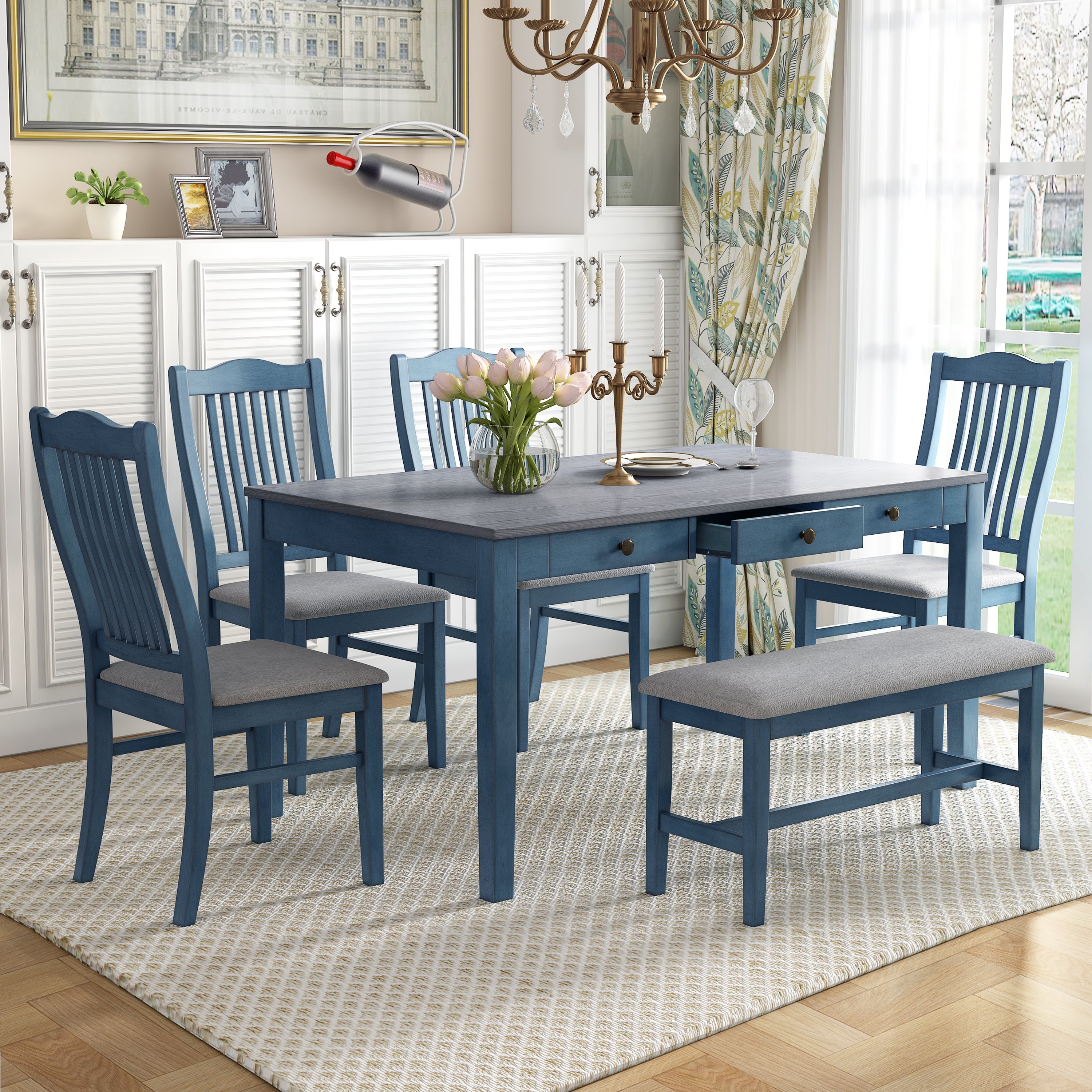 TOPMAX Mid-Century 6-Piece Wood Dining Table Set