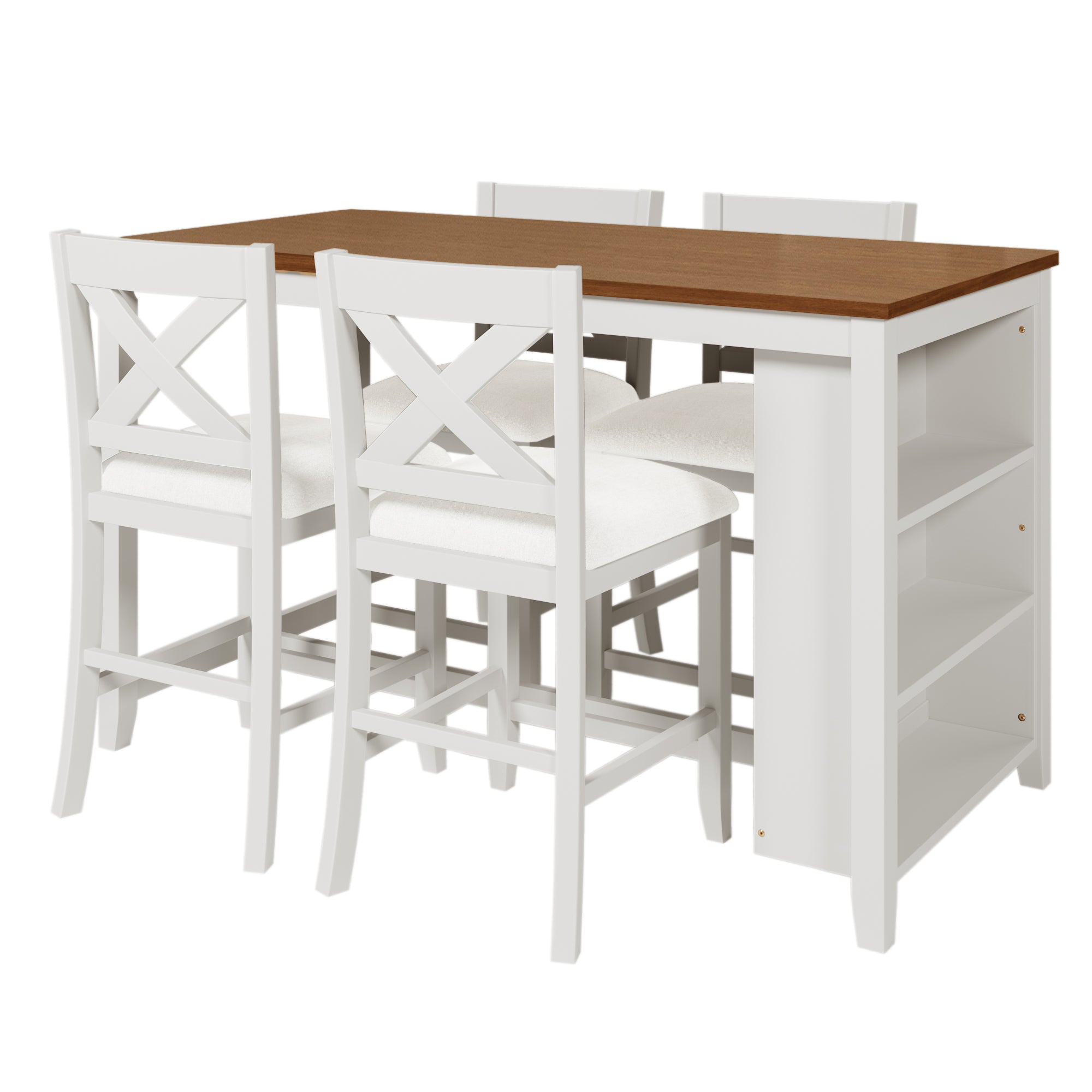 TOPMAX 5 Pieces Counter Height Rustic Farmhouse Dining Room Wooden Bar Table Set with 4 Chairs, White