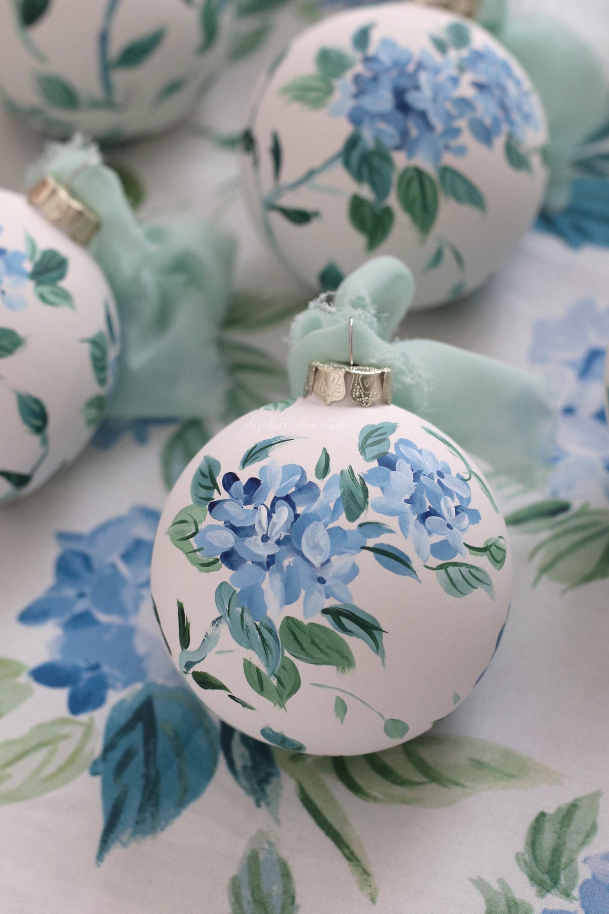 Blue hydrangea chinoiserie hand-painted ornament