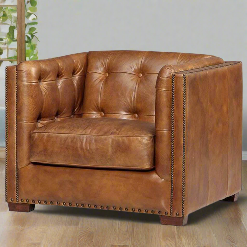 Tuxedo Leather Arm Chair - Light Brown