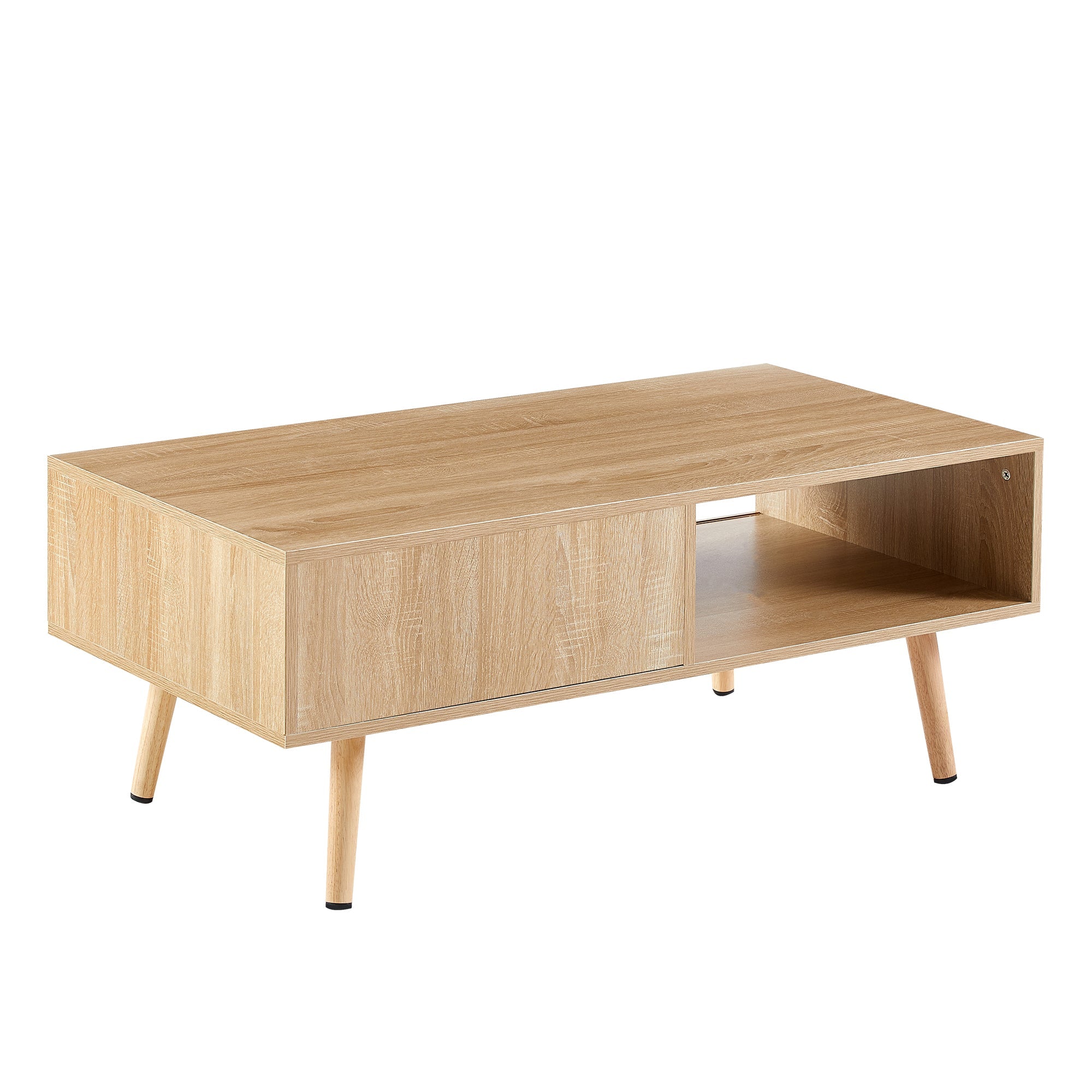 41.34" Rattan Coffee table sliding door for storage solid wood legs Modern table for living room natural