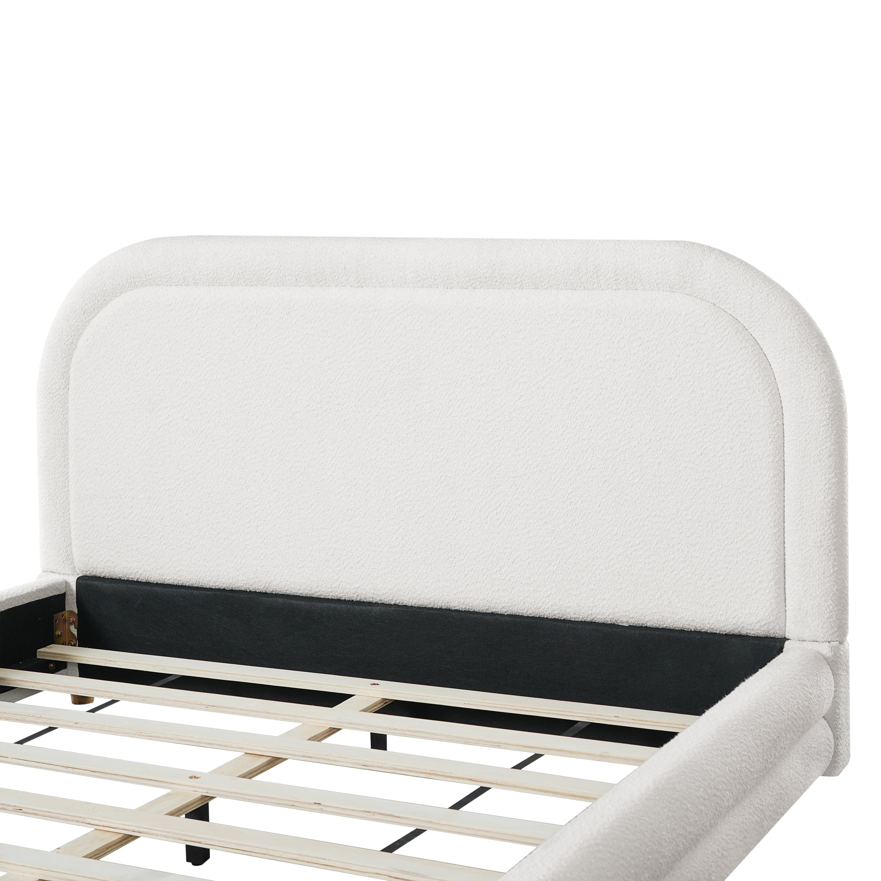Queen Size Bed Frame With Boucle Upholstered Thick Curved Headboard, Solid Wood Legs