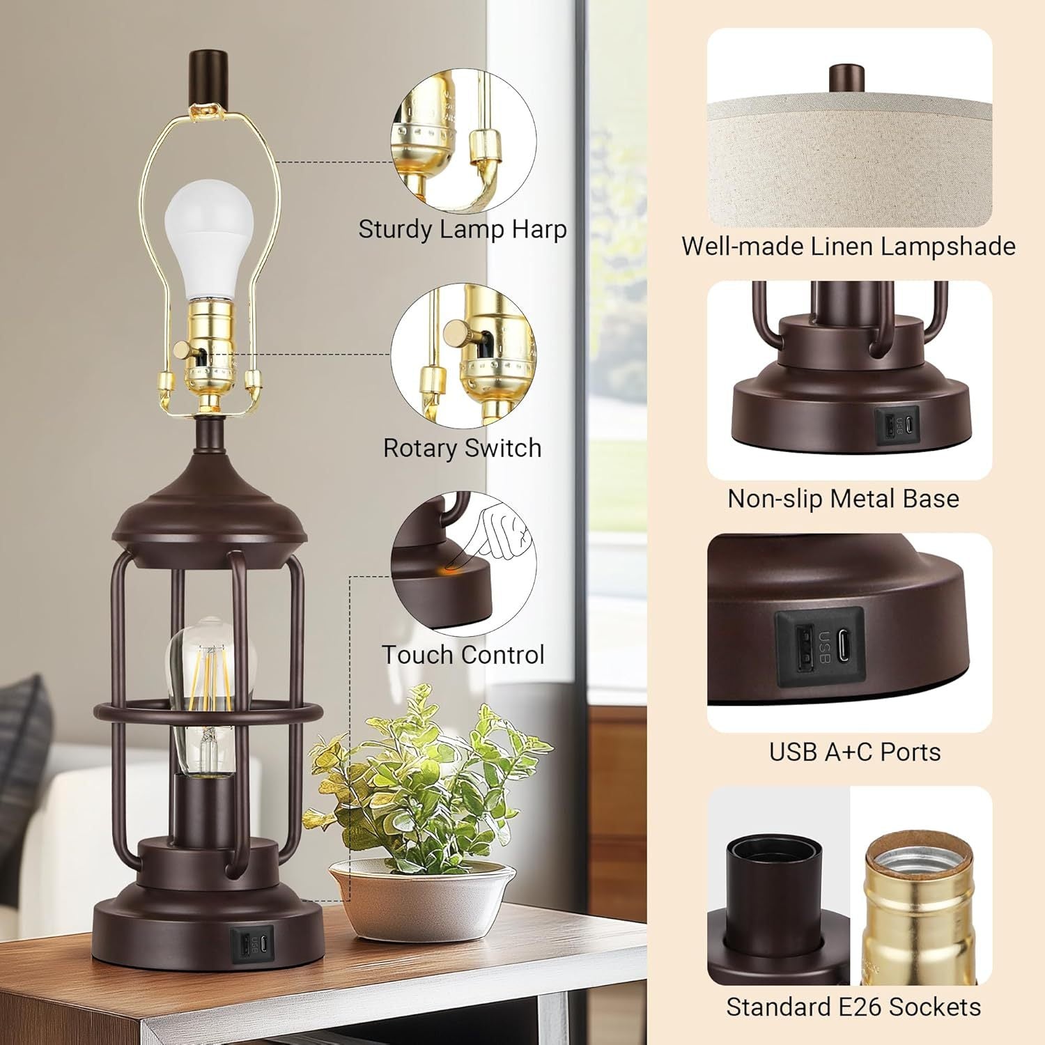 Edison Bulb Table Lamp Set of 2 with USB Ports, Dimmable