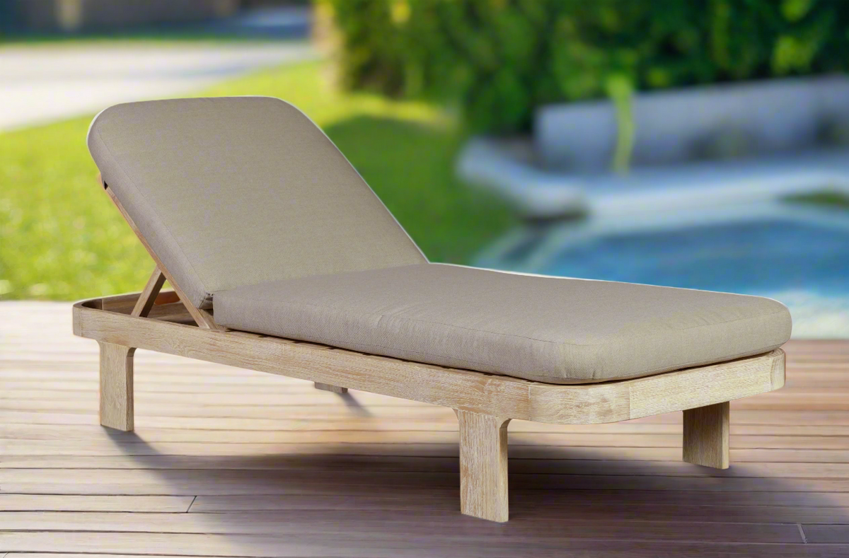 Eclipse Outdoor Solid Teak Wood Natural Look Sun Lounger - Grey Fabric