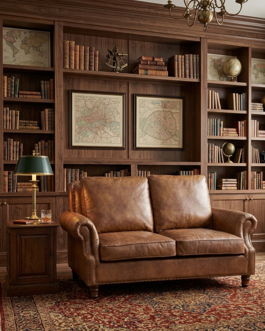 English Rolled Arm Love Seat - Bark Brown Leather
