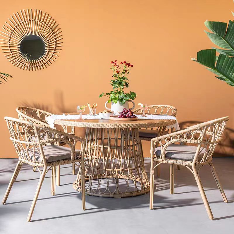 Outdoor dining set of 5 simple bamboo dinning table PE ratten round table 110CM plastic wood top