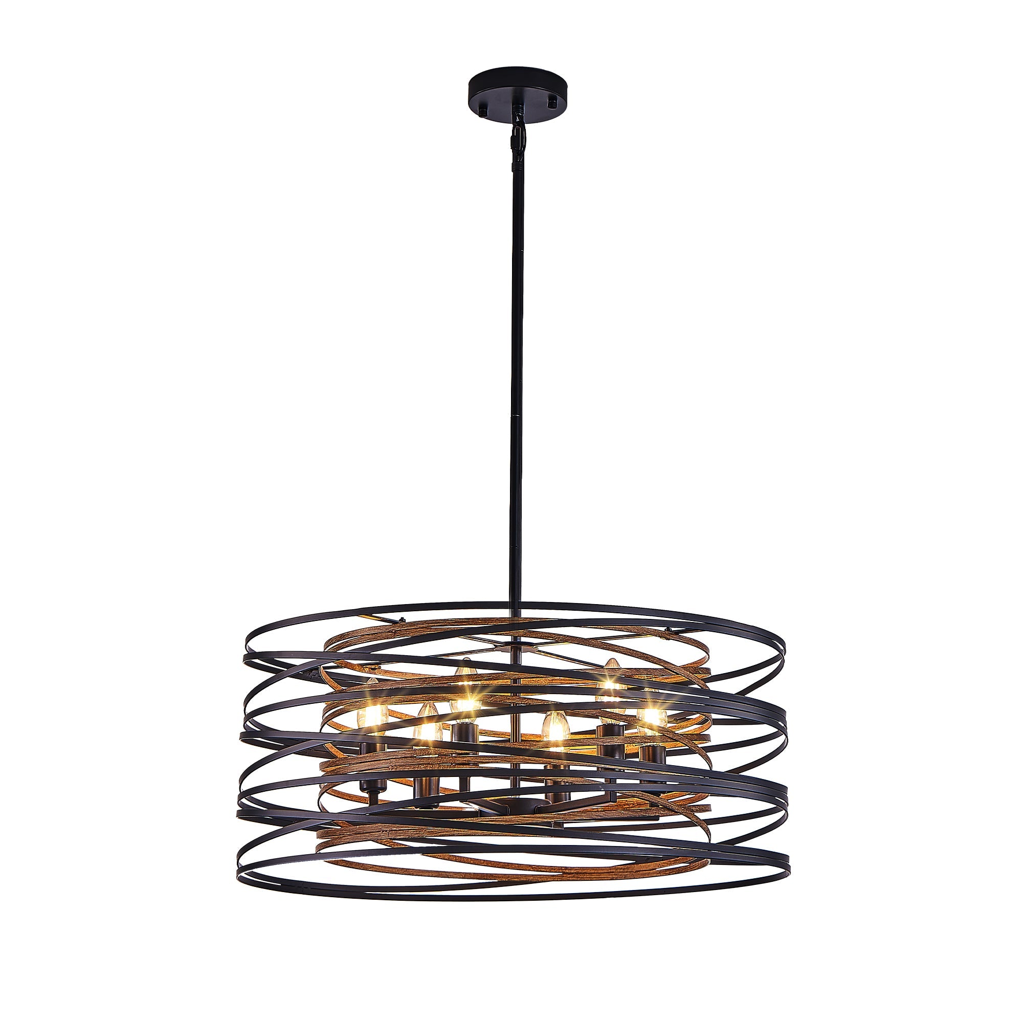 24" Rustic Industrial Black and Walnut Metal Cage Chandelier