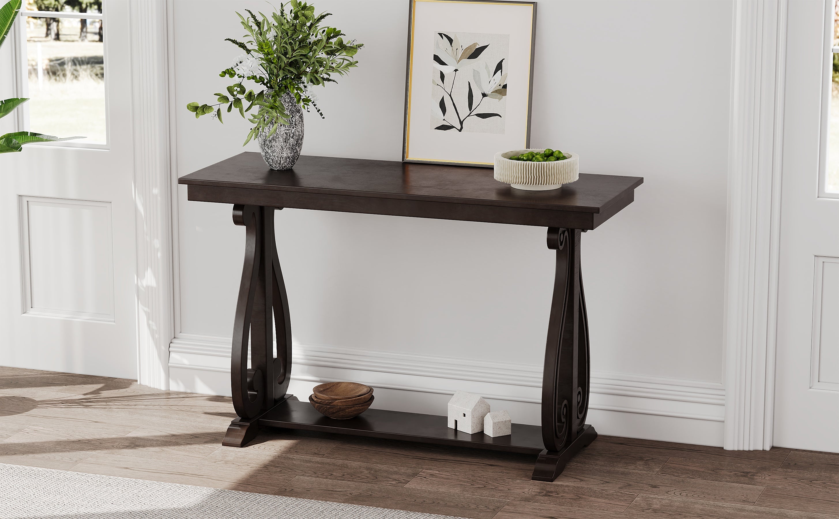 48-Inch Rustic Vintage Console Table --- Farmhouse Style Entryway Table with Open Shelf and Sturdy Construction (Espresso)