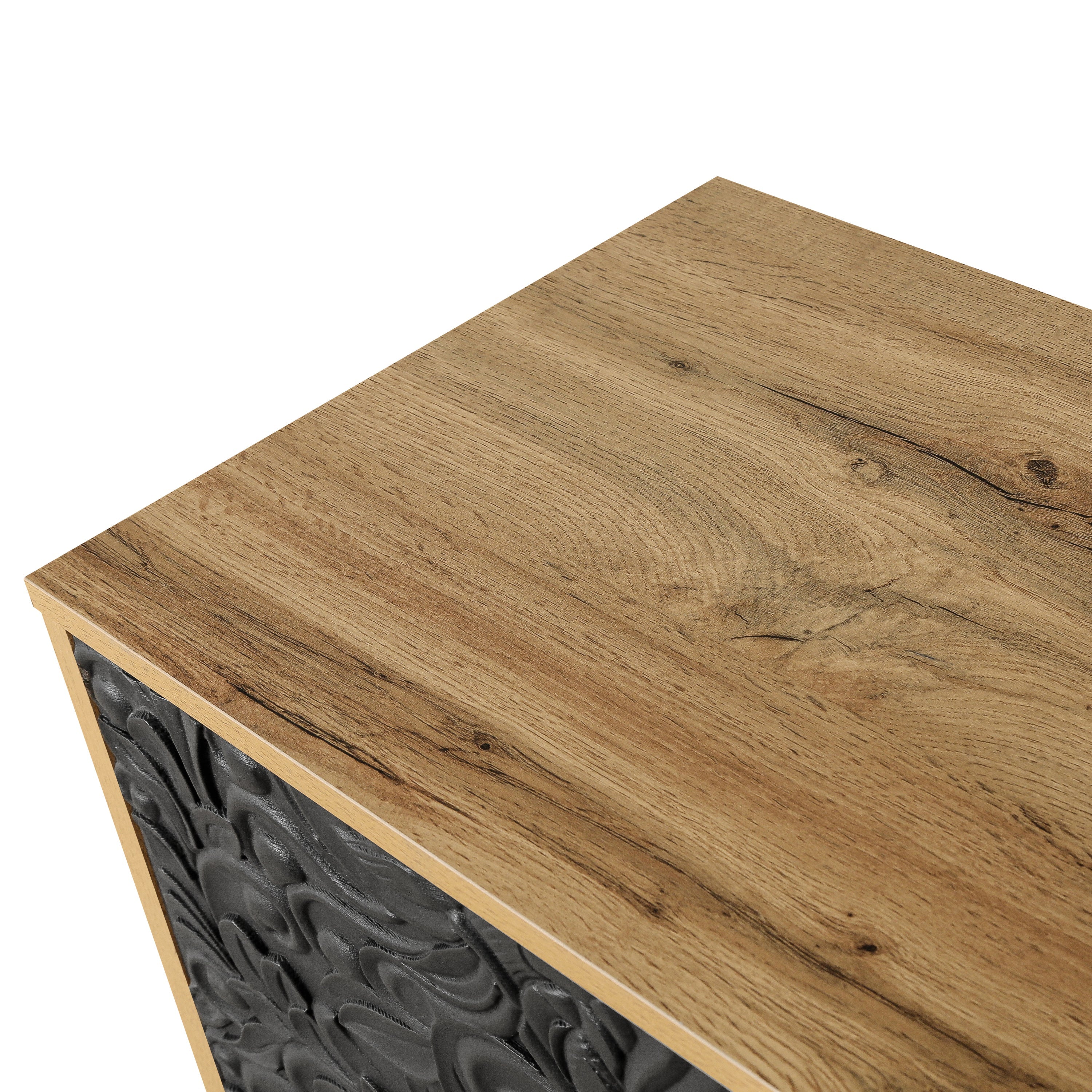 Black Carved Symmetrical Design Door And Wood Coloured Frame TV Stand