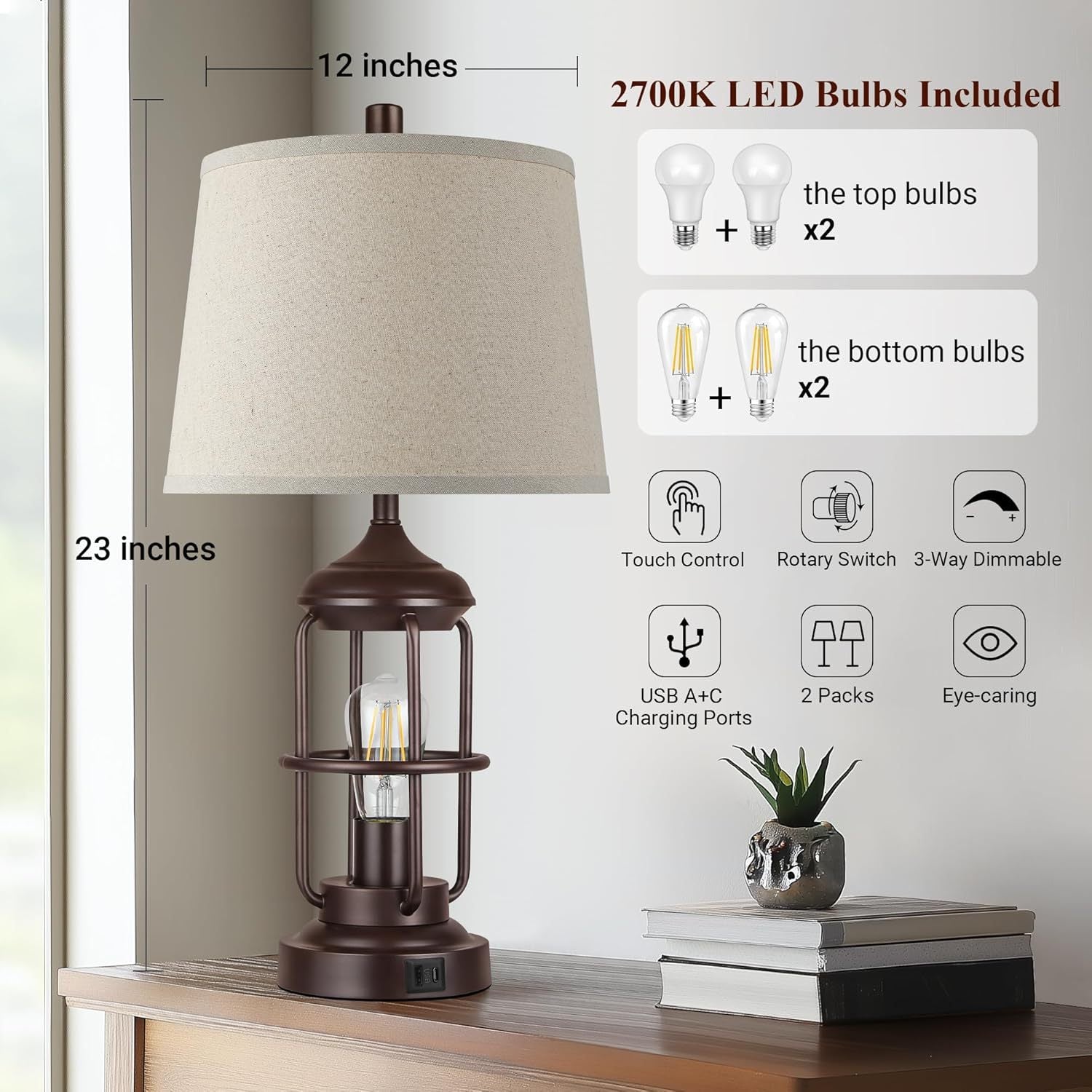 Edison Bulb Table Lamp Set of 2 with USB Ports, Dimmable