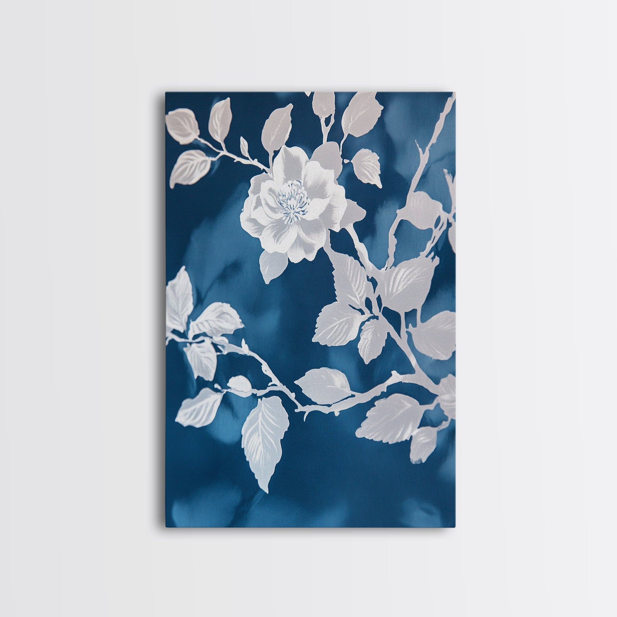 White Flowers on Blue Background Framed Canvas Print, Chinoiserie Wall Art, Boho Decor, Minimalist Wall Art, Boho Home Decor