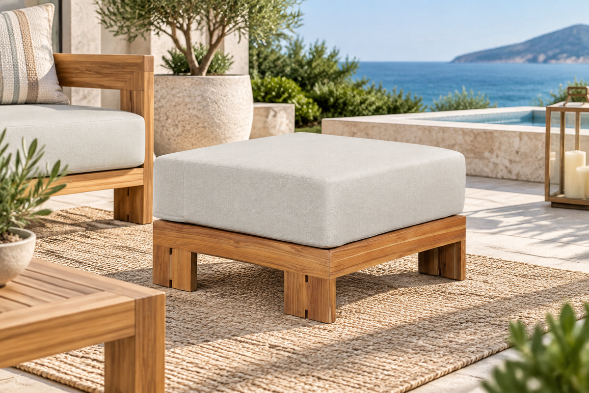 Paradiso Outdoor Solid Teak Wood Ottoman - Gray fabric