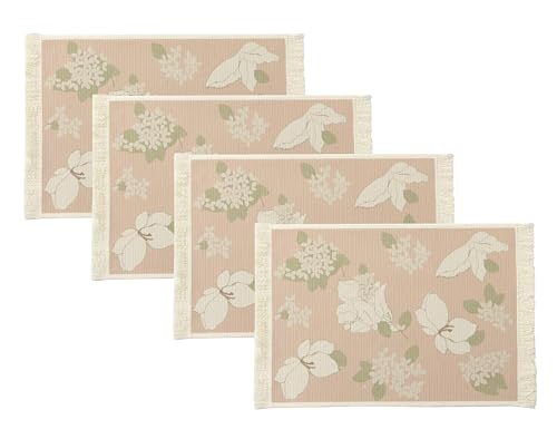 Fennco Styles Wildflowers Printed with Fringe Placemats 14" W x 19" L, Set of 4 - Pink Floral Table Mats for Dining Room, Banquets, Family Gatherings, and Holidays