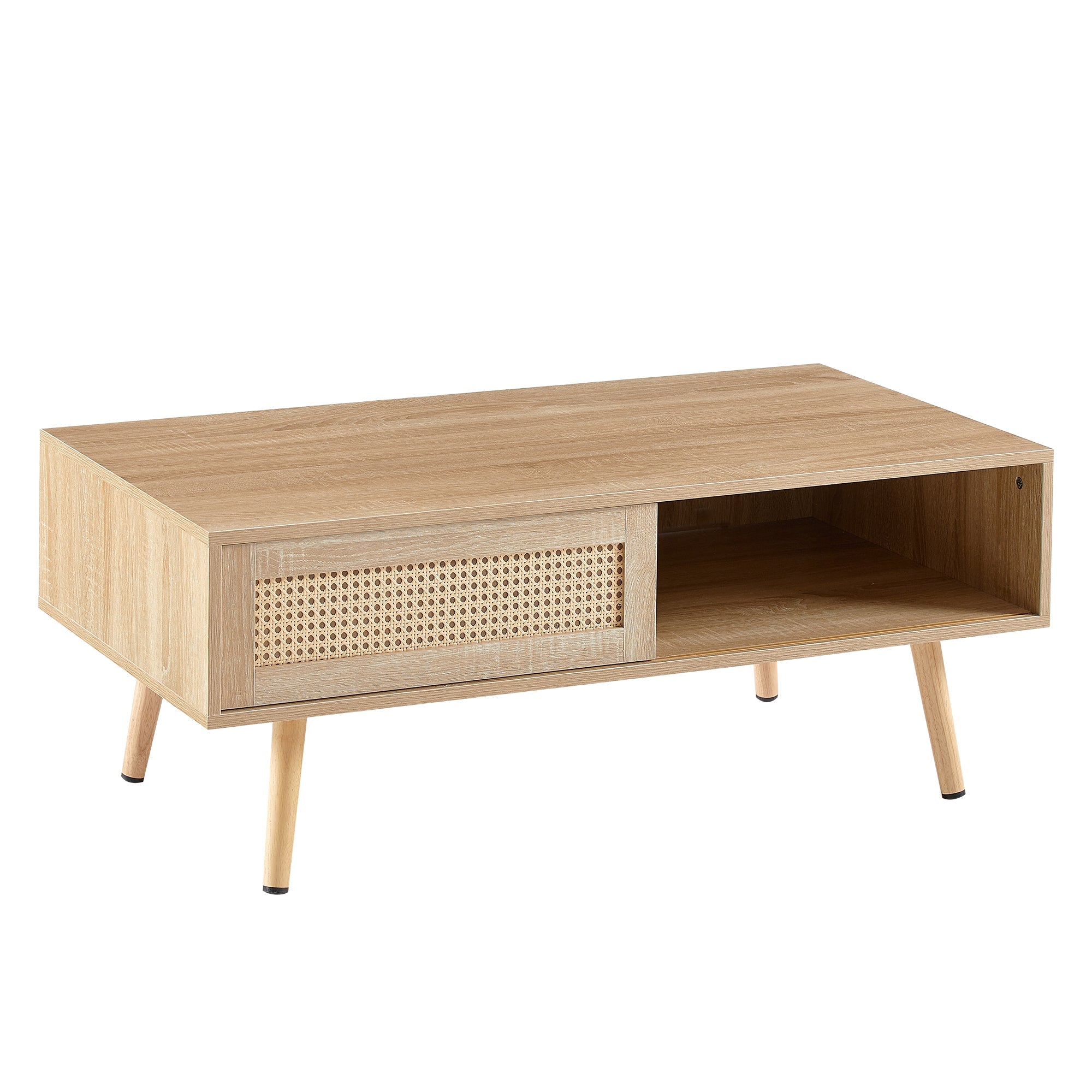 41.34" Rattan Coffee table sliding door for storage solid wood legs Modern table for living room natural