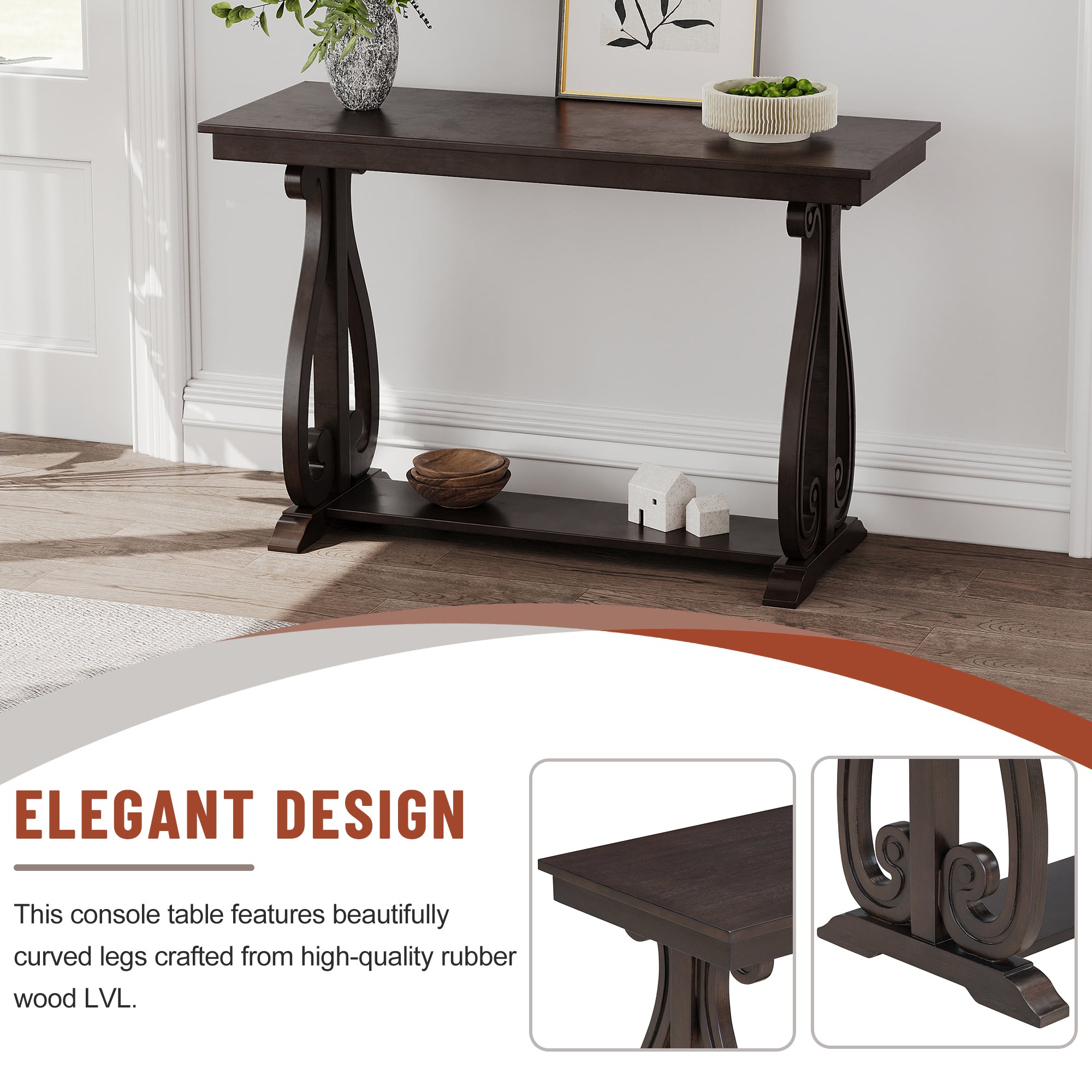 48-Inch Rustic Vintage Console Table --- Farmhouse Style Entryway Table with Open Shelf and Sturdy Construction (Espresso)
