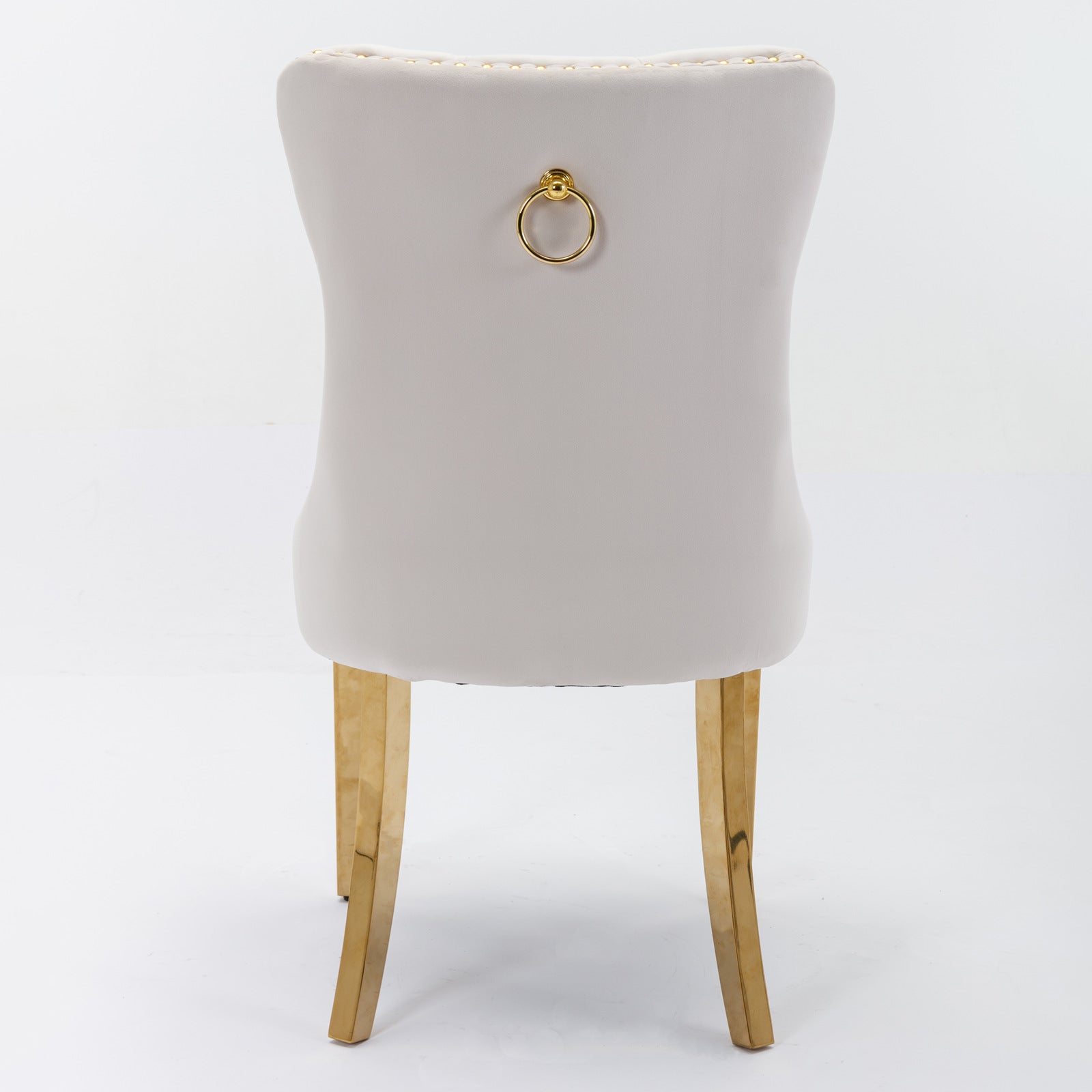 Tufted solid wood velvet soft cushion dining chair gold stainless steel plated leg nail head set of 2 pieces beige and gold