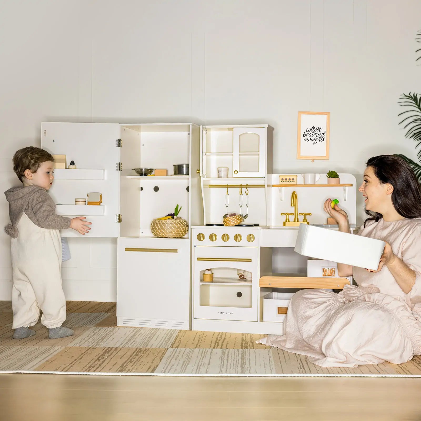 Tiny Land® Play Kitchen Accessories – Play Kitchen Fridge: Wooden Cabinet Refrigerator for Kids