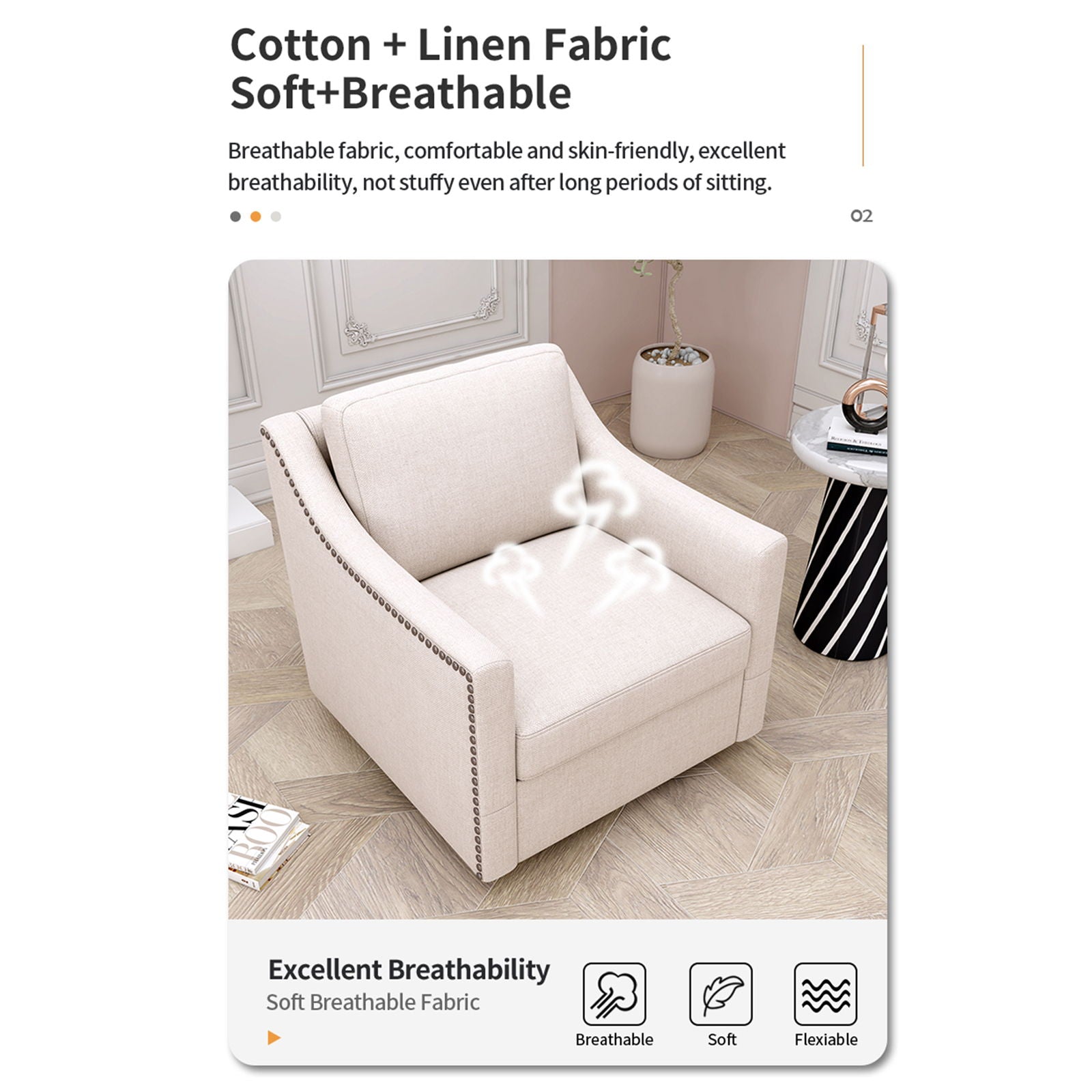 360 Degree Swivel Armchair, Skin Friendly Fabric, Ergonomic Design, Brass Nail Decorative Armchair