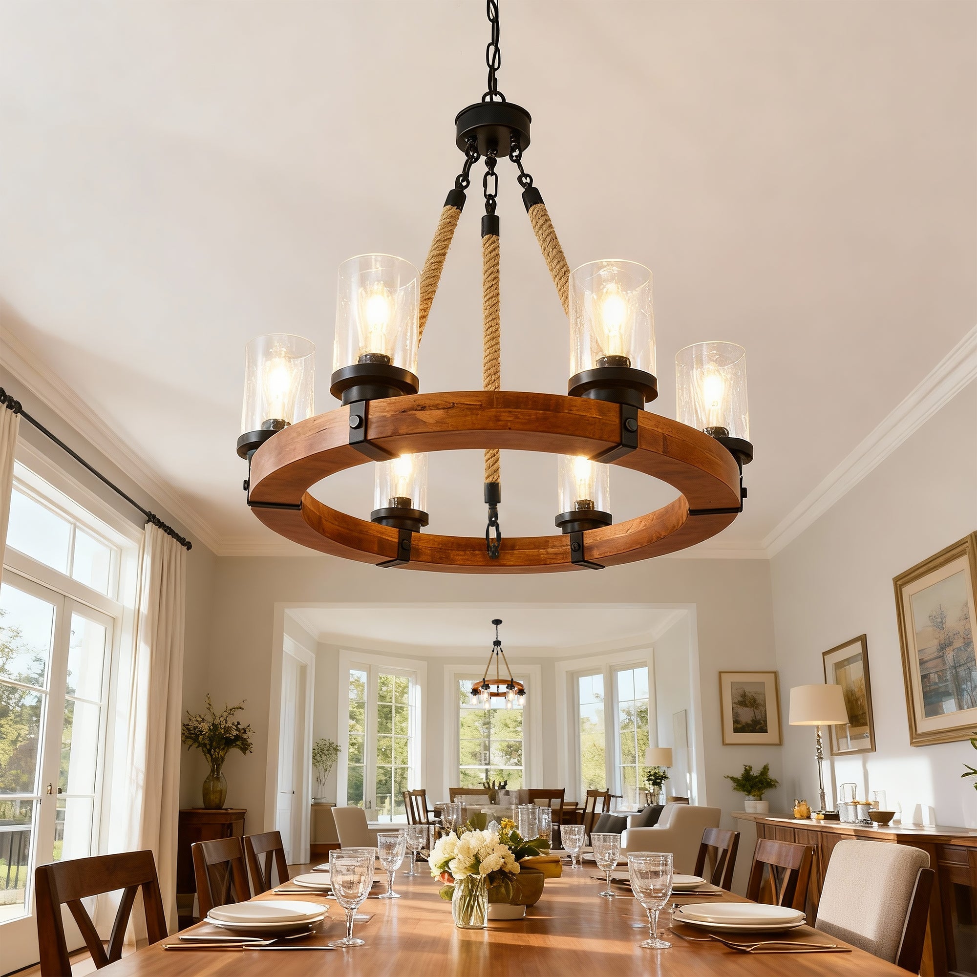 Rustic 6-Light Wagon Wheel Chandelier, Farmhouse Chandeliers
