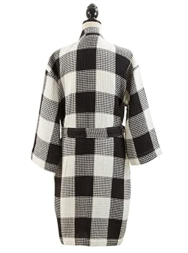 Women Buffalo Plaid Waffle Weave 100% Cotton Bathrobe Lightweight Sleepwear Absorbent Spa Robe