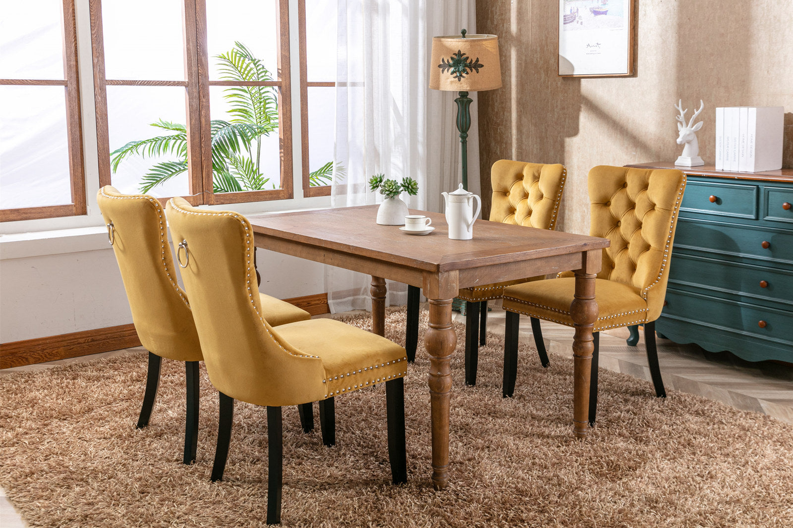 High-end Tufted Solid Wood Contemporary Velvet Upholstered Dining Chair with Wood Legs Nailhead Trim 2-Pcs Set Gloden