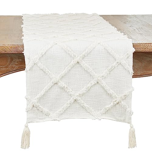 Fennco Styles Modern Diamond Tufted Cotton Table Runner 16" W x 72" L - Grey Geometric Rectangular Table Cover for Boho Décor, Dining Table, Banquets, Family Gathering and Special Events