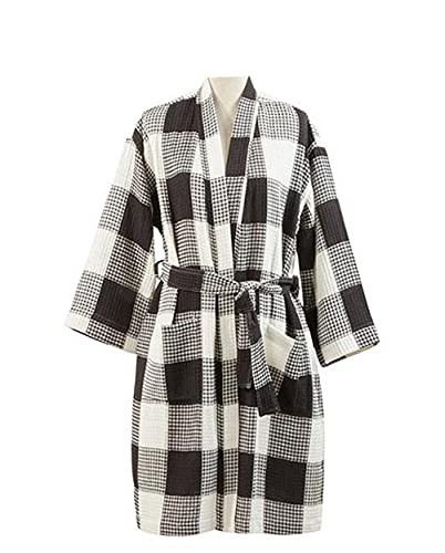 Women Buffalo Plaid Waffle Weave 100% Cotton Bathrobe Lightweight Sleepwear Absorbent Spa Robe
