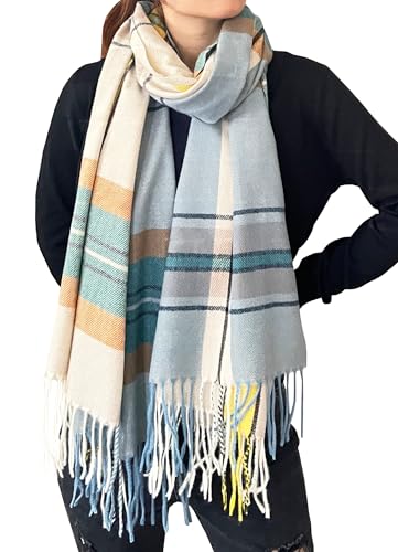 stylesilove Women Plaid Fringe Cashmere Scarf Warm Ultra Soft Scarves Shawl Neck Wraps for All Season, 5 Colors